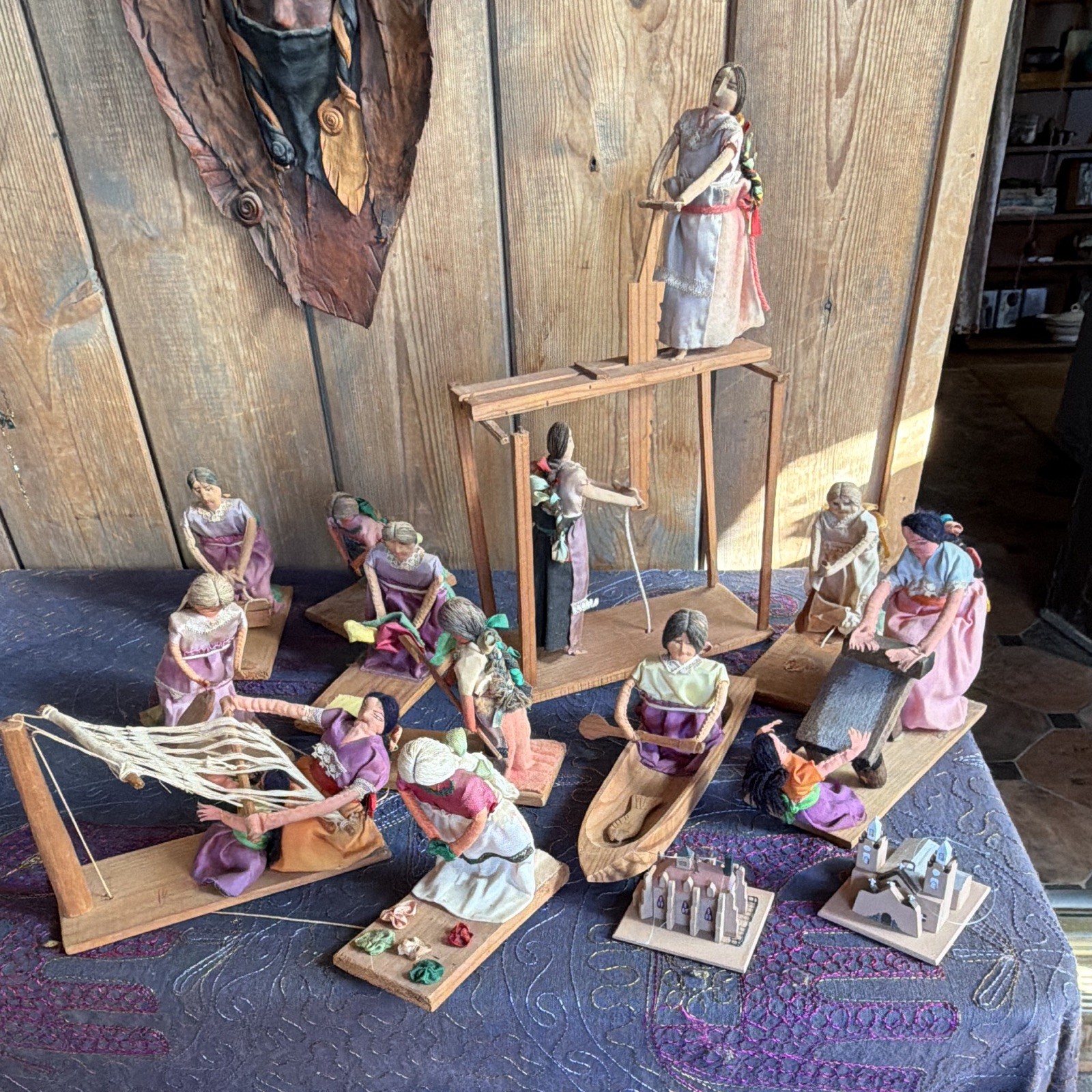 Vintage 1970s Folk Art Figurine Set Women Weaving Scene Wood Fabric Signed