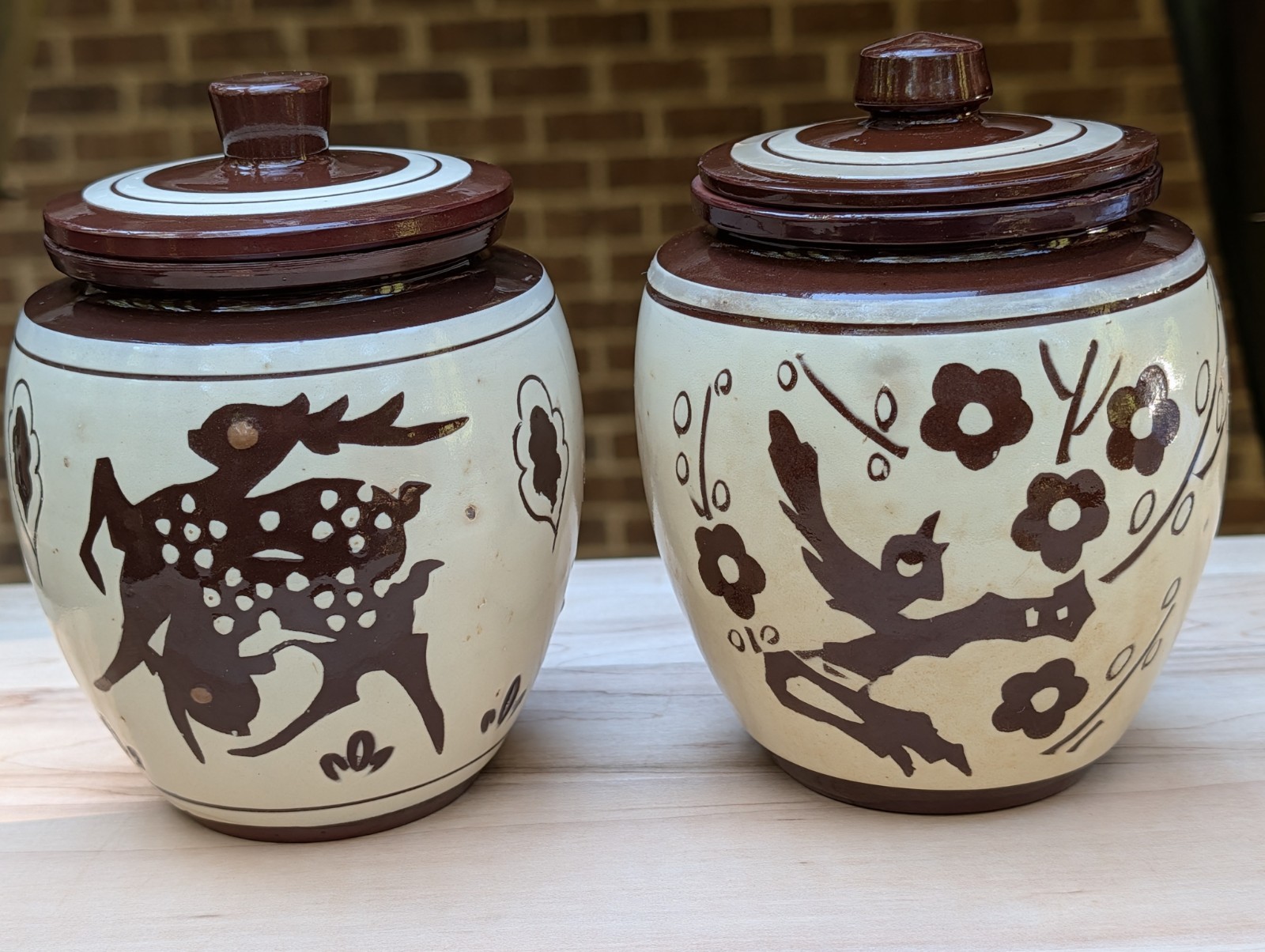 Vtg MCM Sgraffito Terracotta Jar Canister Set (2) Bird Deer Folk Art Mid Century