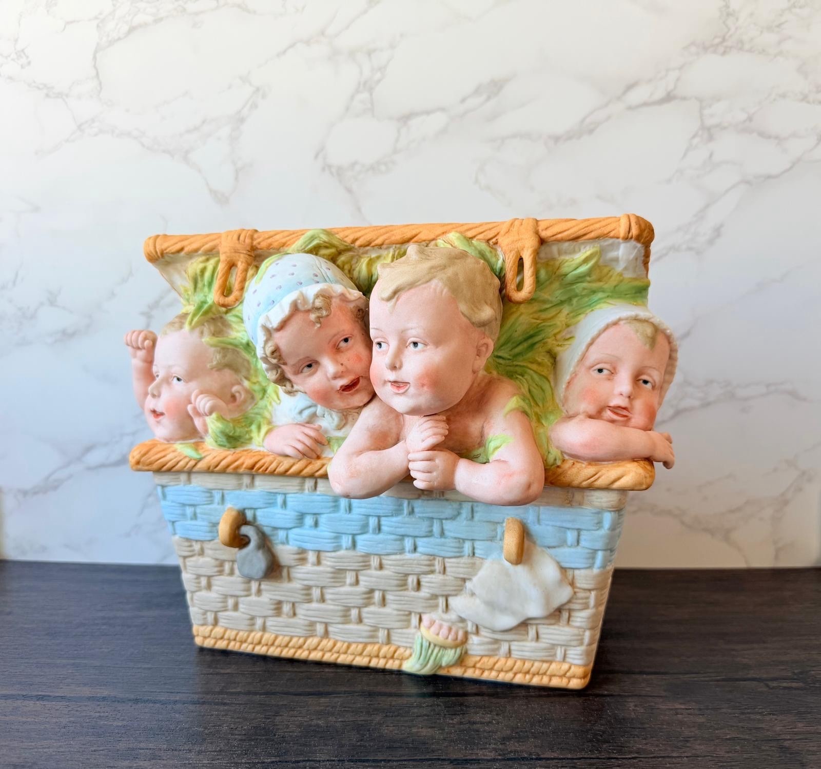 Rare Large Heubach Babies In A Basket German Bisque Figurine Piano Baby