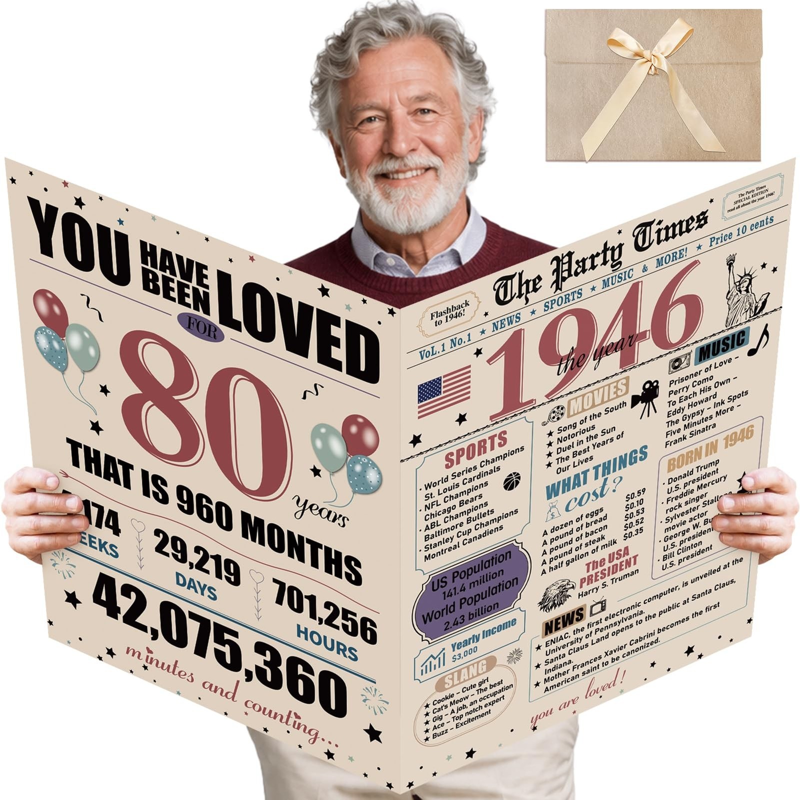 80th Birthday Card Large, Happy 80th Birthday Decorations Vintage 1946