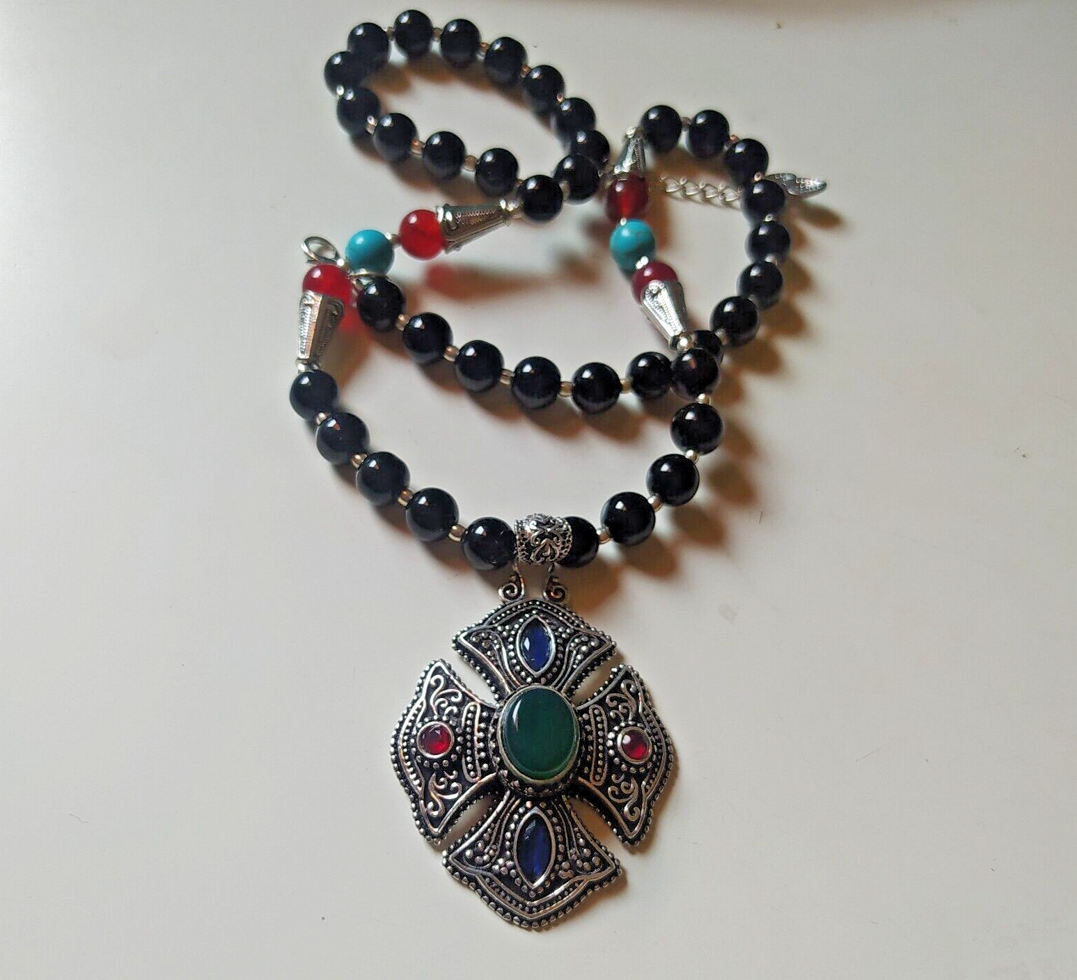 Ancient Vintage Victorian Necklace Pendant Sterling Silver Jade & Lapis lazuli
