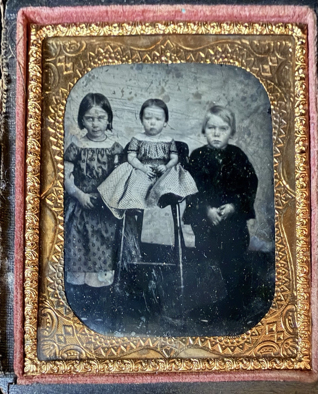 Antique Ambrotype B&W Portrait Photograph of Three Children in 6th Plate Case