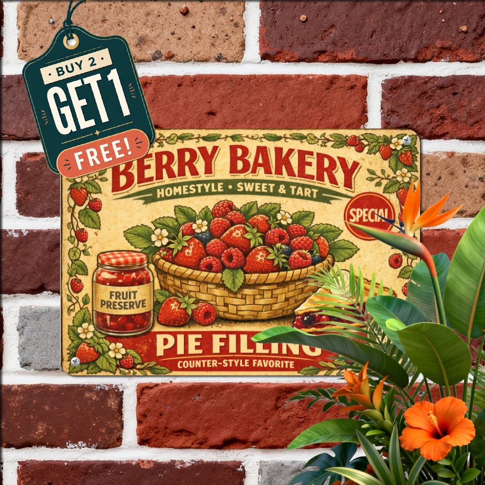 Fresh Baked Strawberry Pie Tin Sign Rustic Bakery Farmhouse Metal Wall Plaque