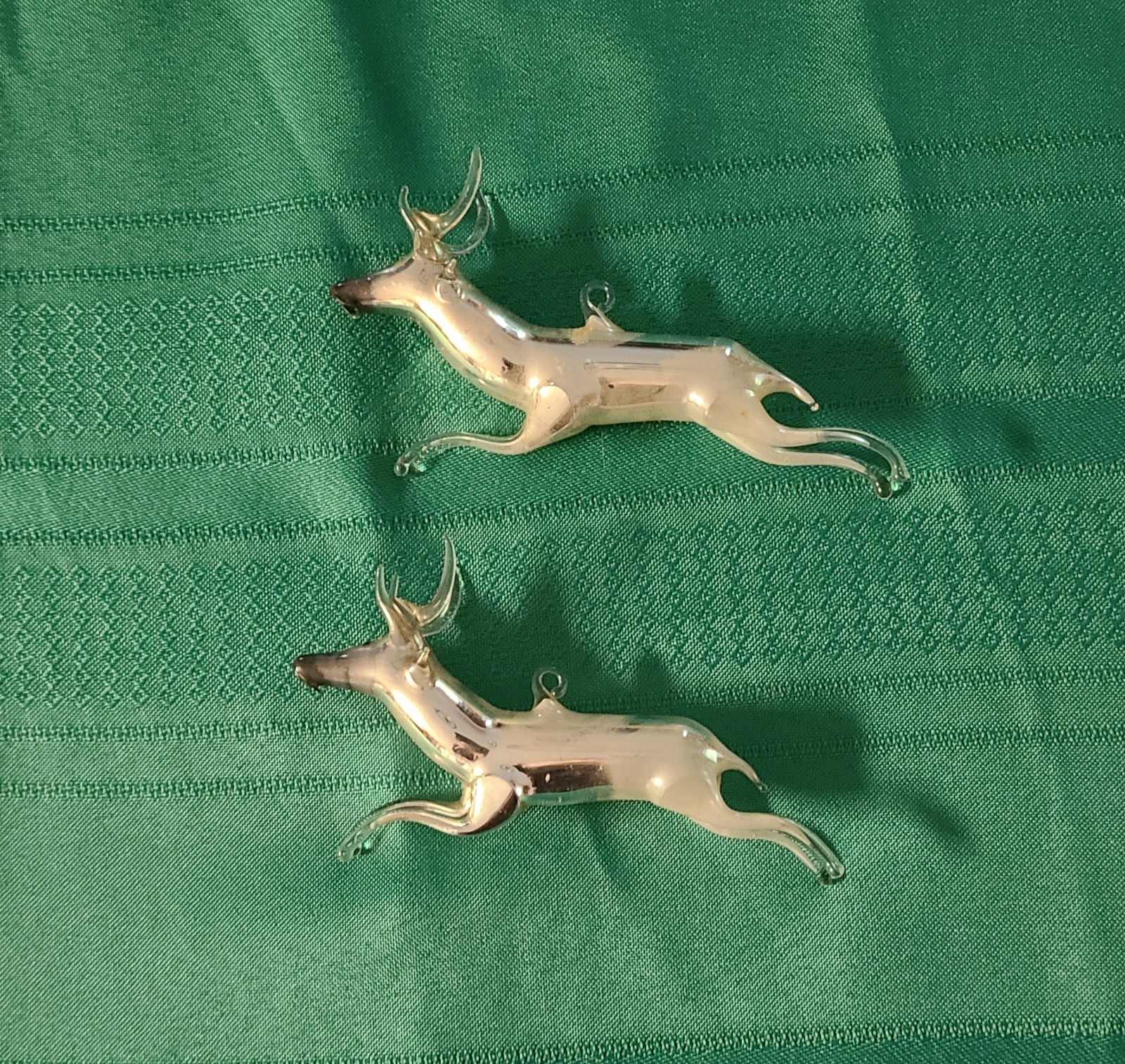 Pair Antique 1920s Bimini German Blown Mercury Glass Leaping Reindeer Ornaments