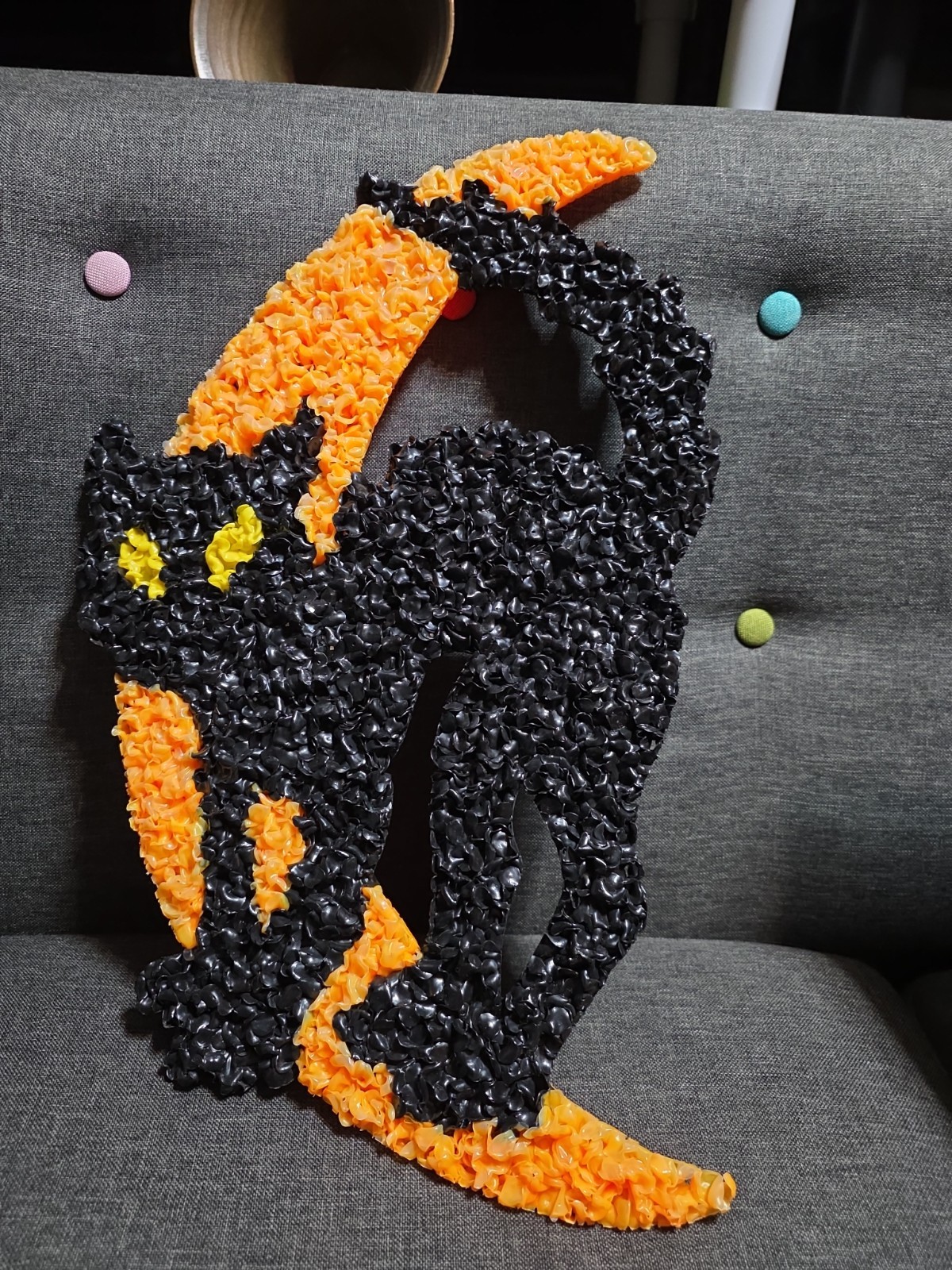 Vtg 70s Melted Plastic Popcorn Halloween Decoration Black Cat on Crescent Moon