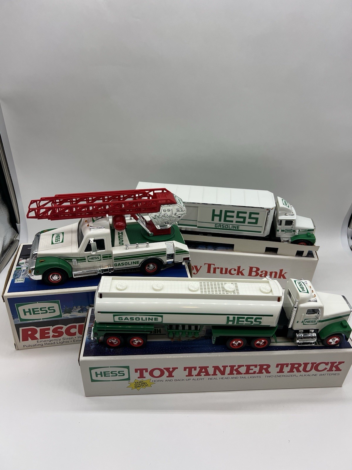 Lot Of 3 Vintage Hess Toy Trucks 1994 Rescue, Bank, Tanker With Original Boxes