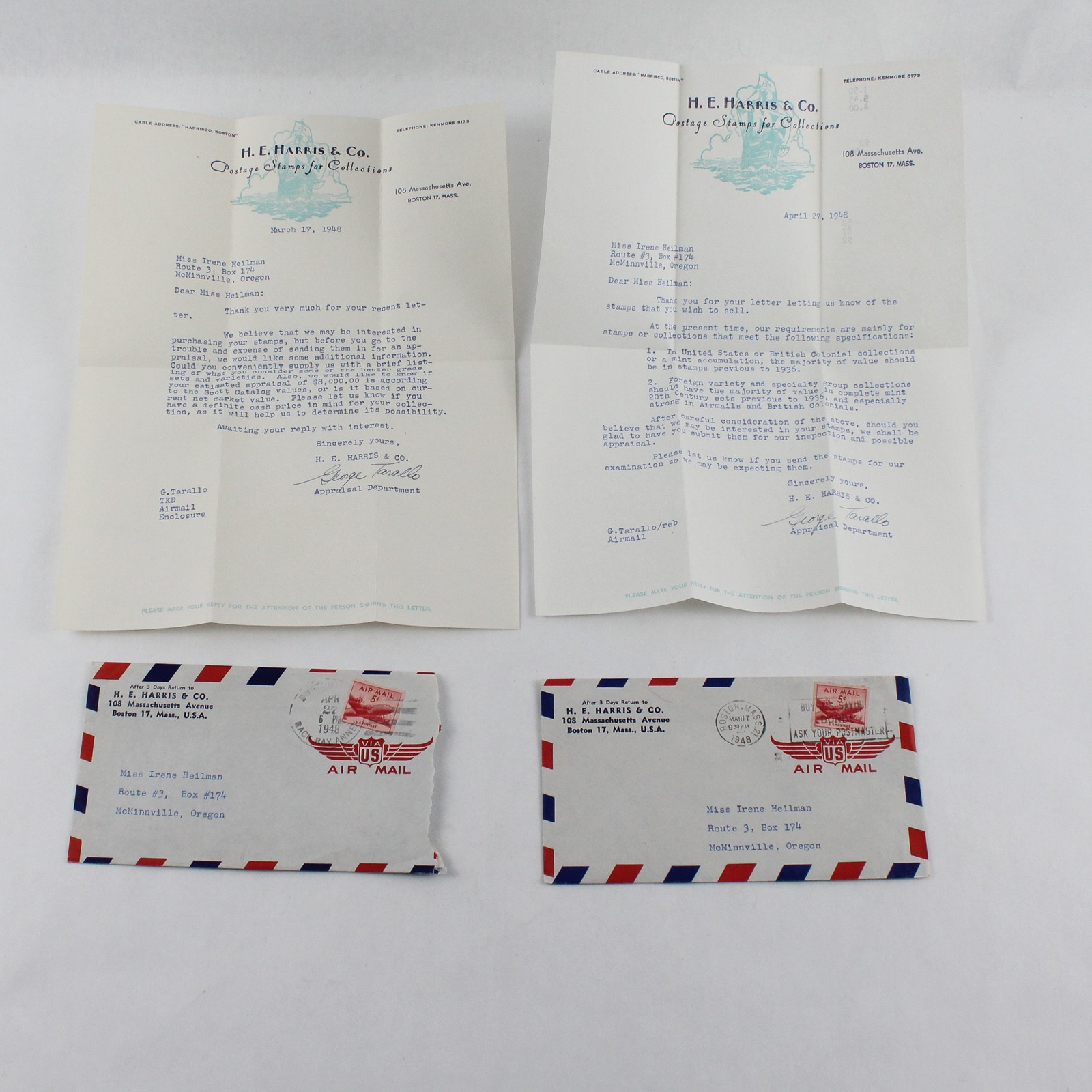 Set Of 2 1948 HE Harris & Co Stamp Collection Appraisal Correspondence Letters