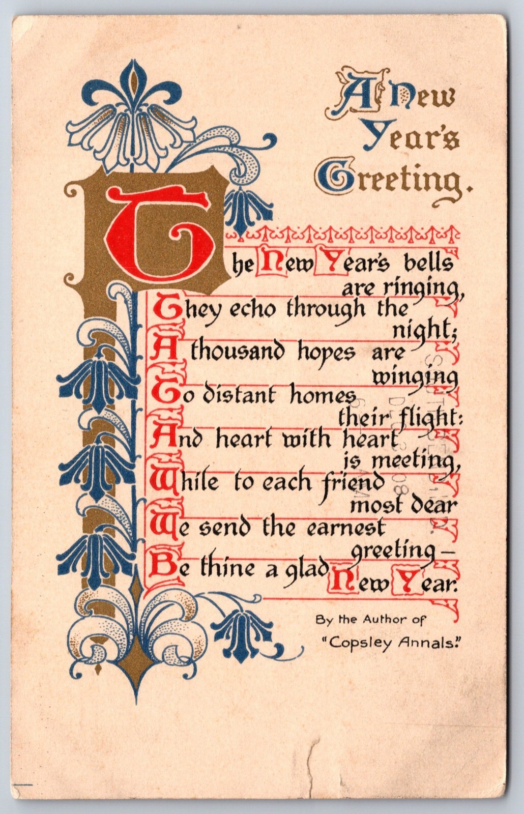 Holiday~New Years Greeting~Author Of Copsley Annals~PM 1908~Vintage Postcard