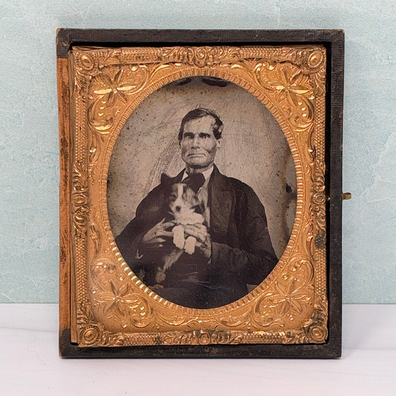 1/6th Plate Ambrotype Older Man with Dog Half Case