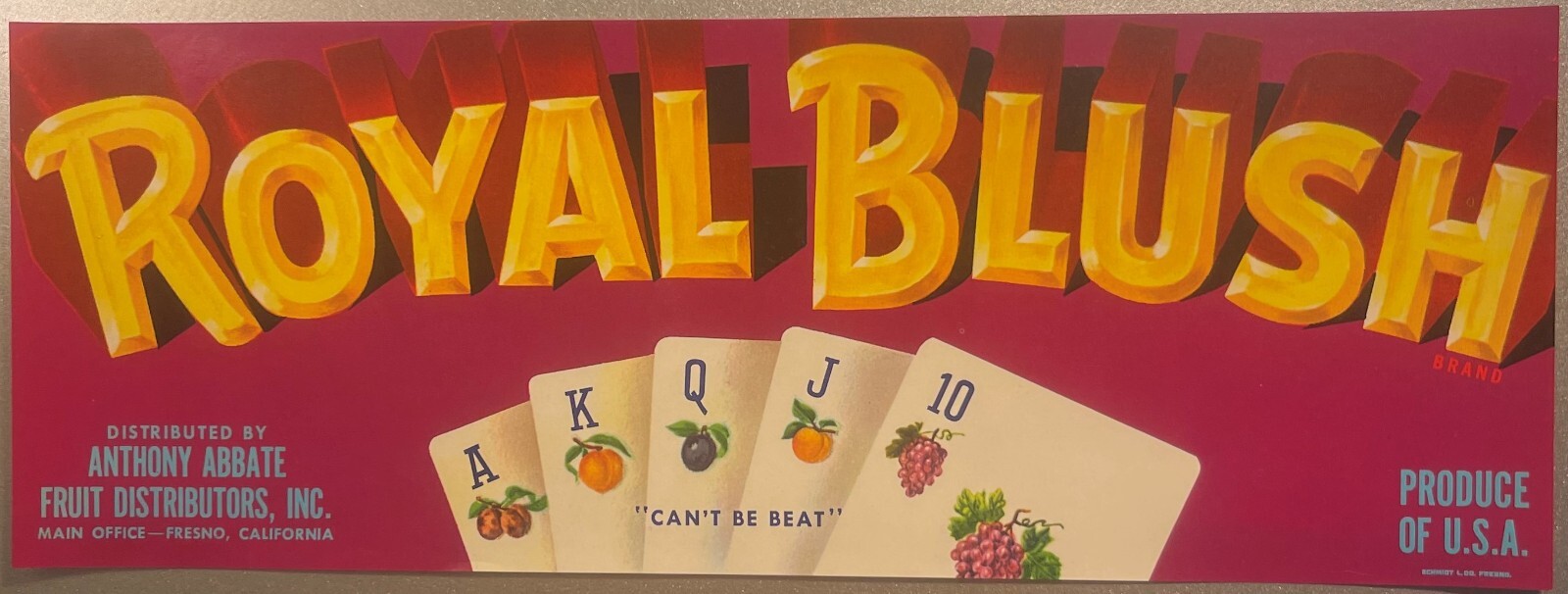 Antique 1950s Royal Blush Flush Crate Label, Fresno, CA, Poker
