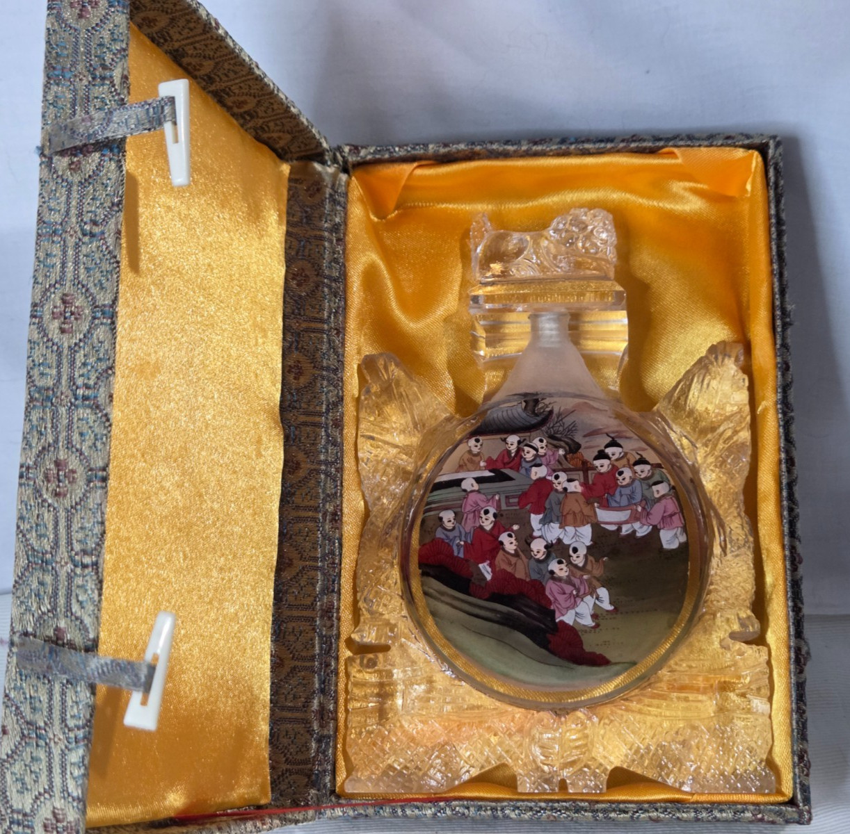 Chinese Inside Painted Heavy Cut Glass Snuff Bottle 2-Sided 6.75\