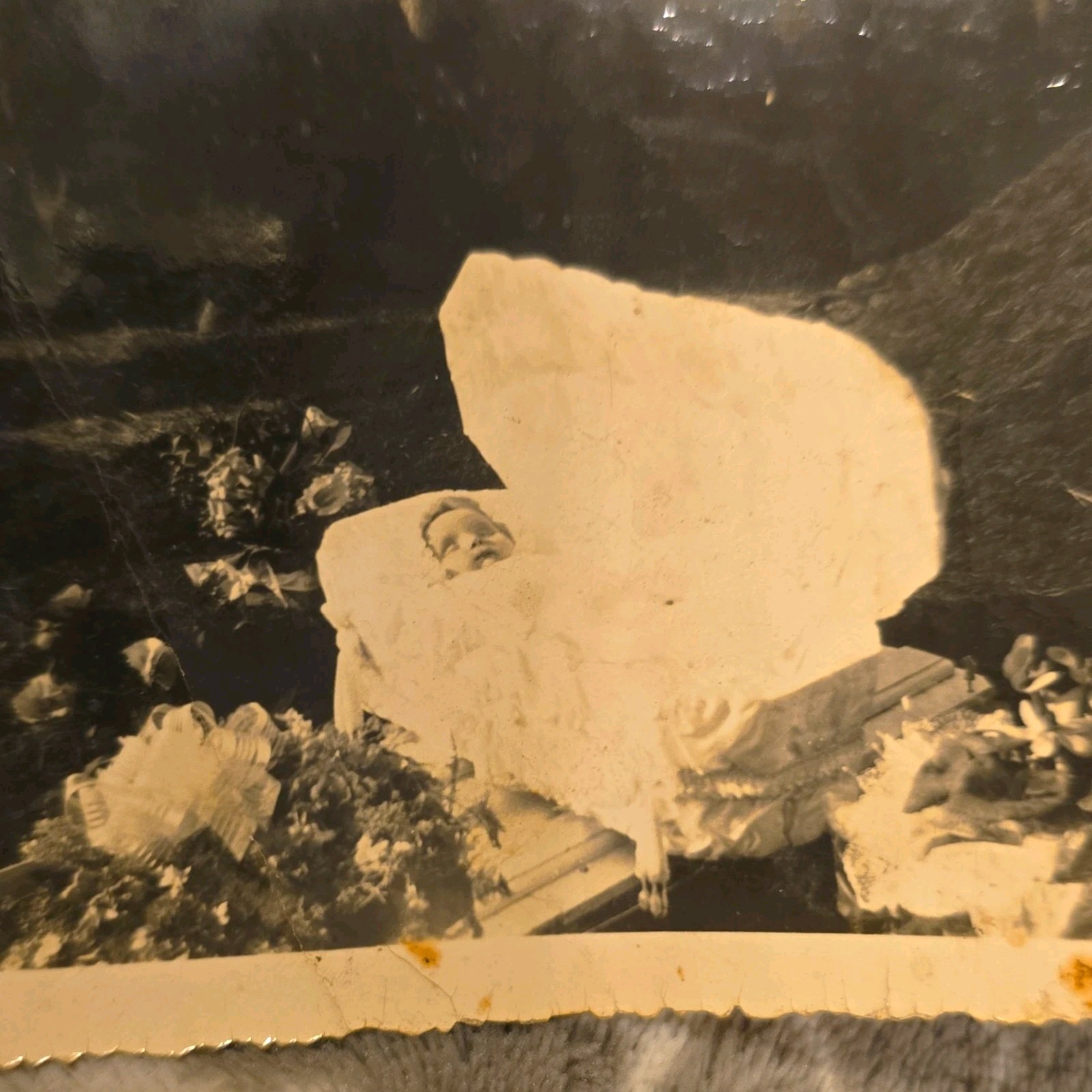 Vintage Black & White Bordered Snapshot Baby Post Mortem Photo Open Casket 