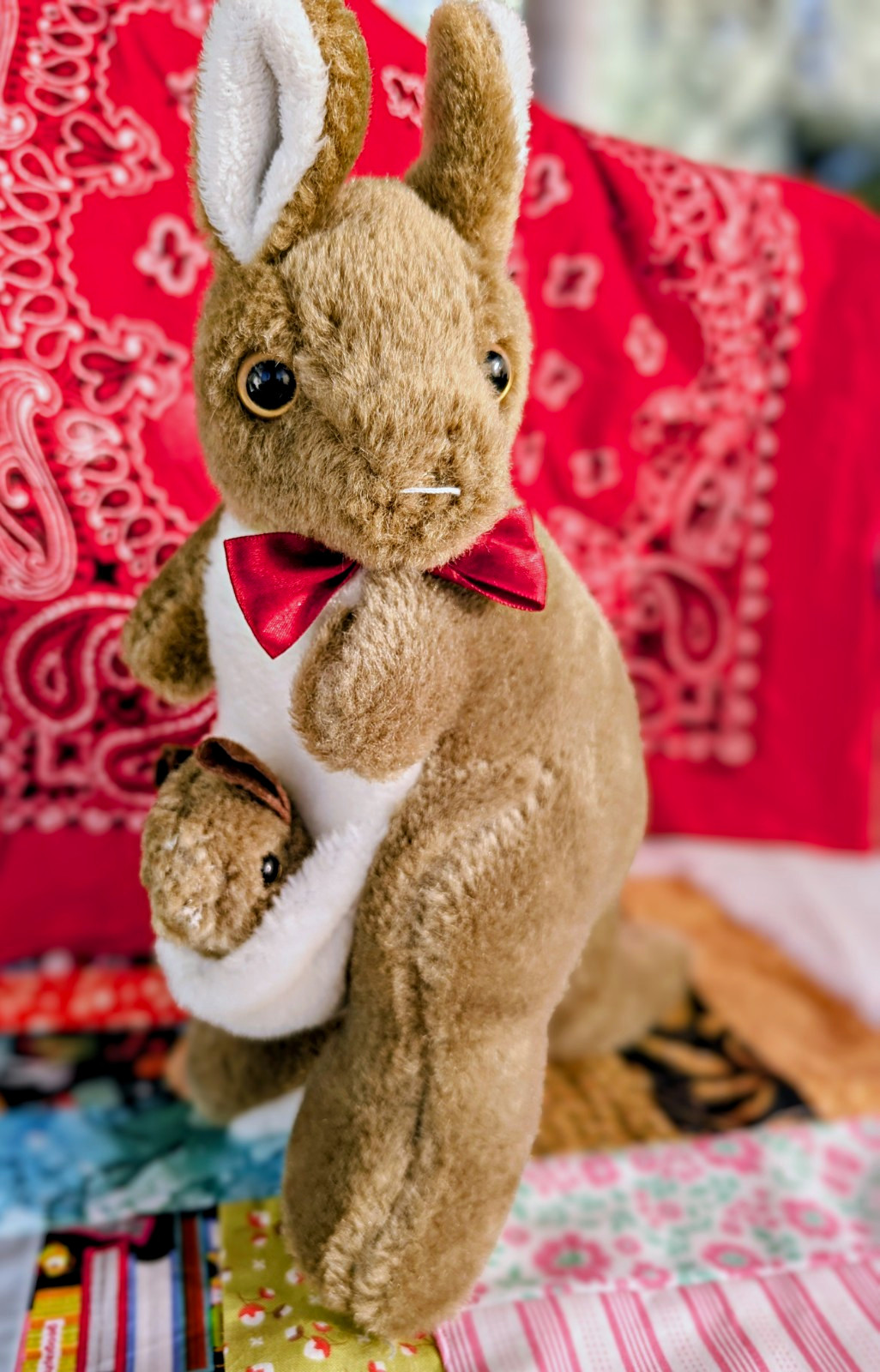 I Love AUS Australian Kangaroo Plush Toy with Joey - Brown Souvenir Red Bow
