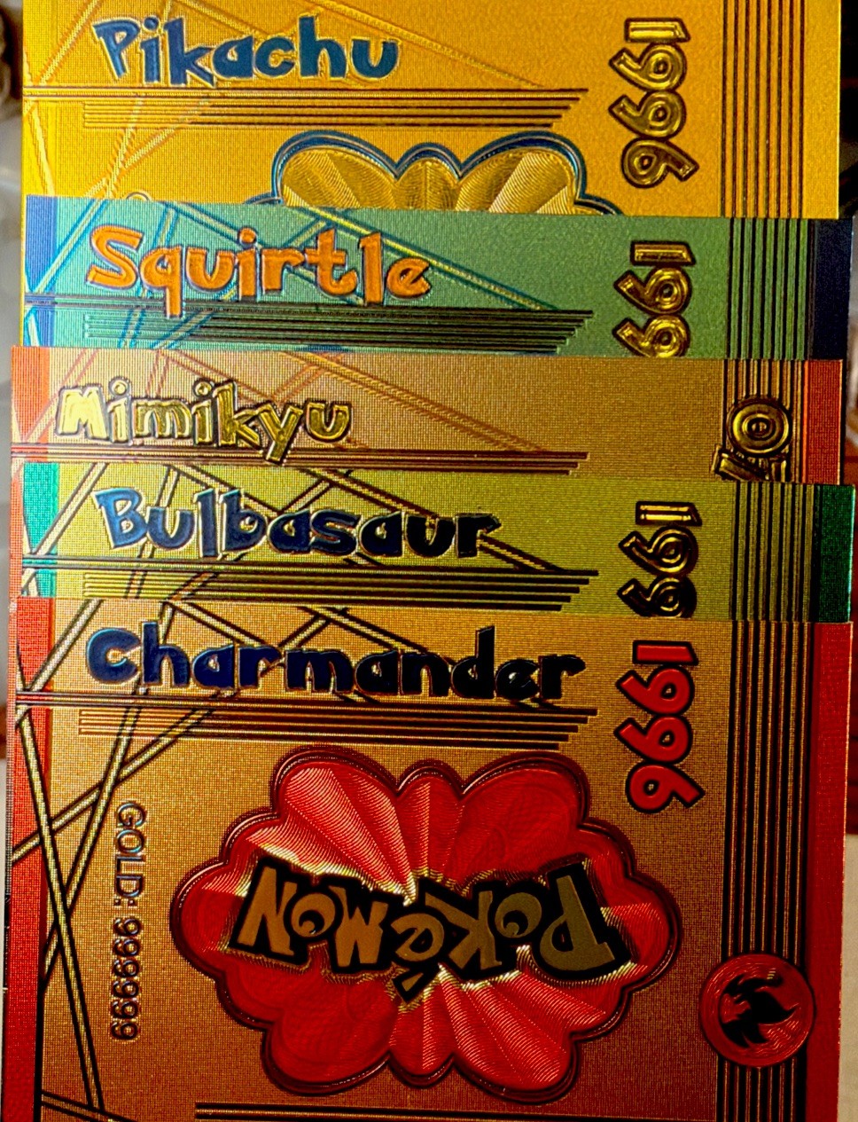 Pokemon 24K Gold Foil Card Set Pack of 5 Charizard Pikachu squirtle bulbasaur 