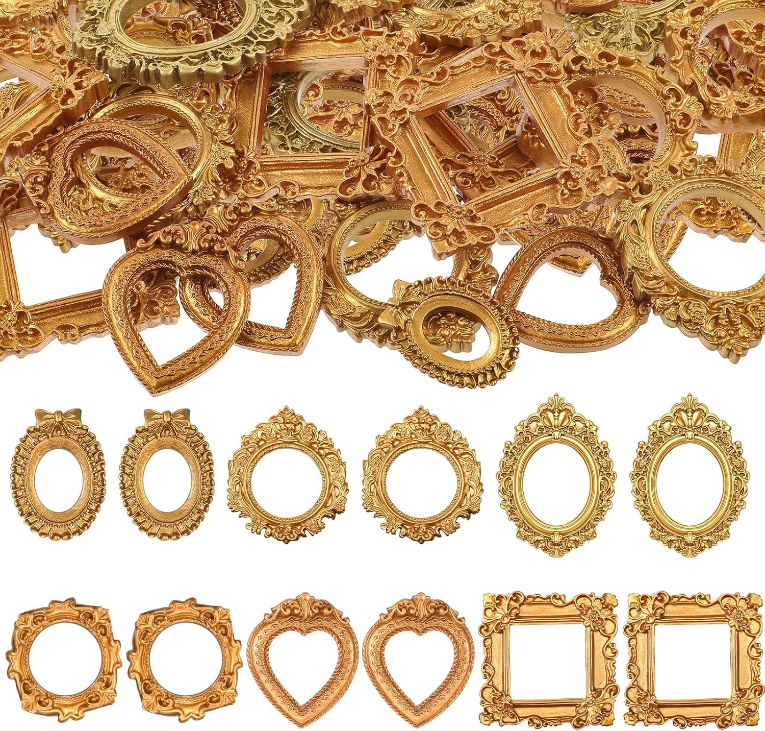 60 Pcs Mini Vintage Frames, Tiny Resin Antique Frames, 6 Styles Small Gold