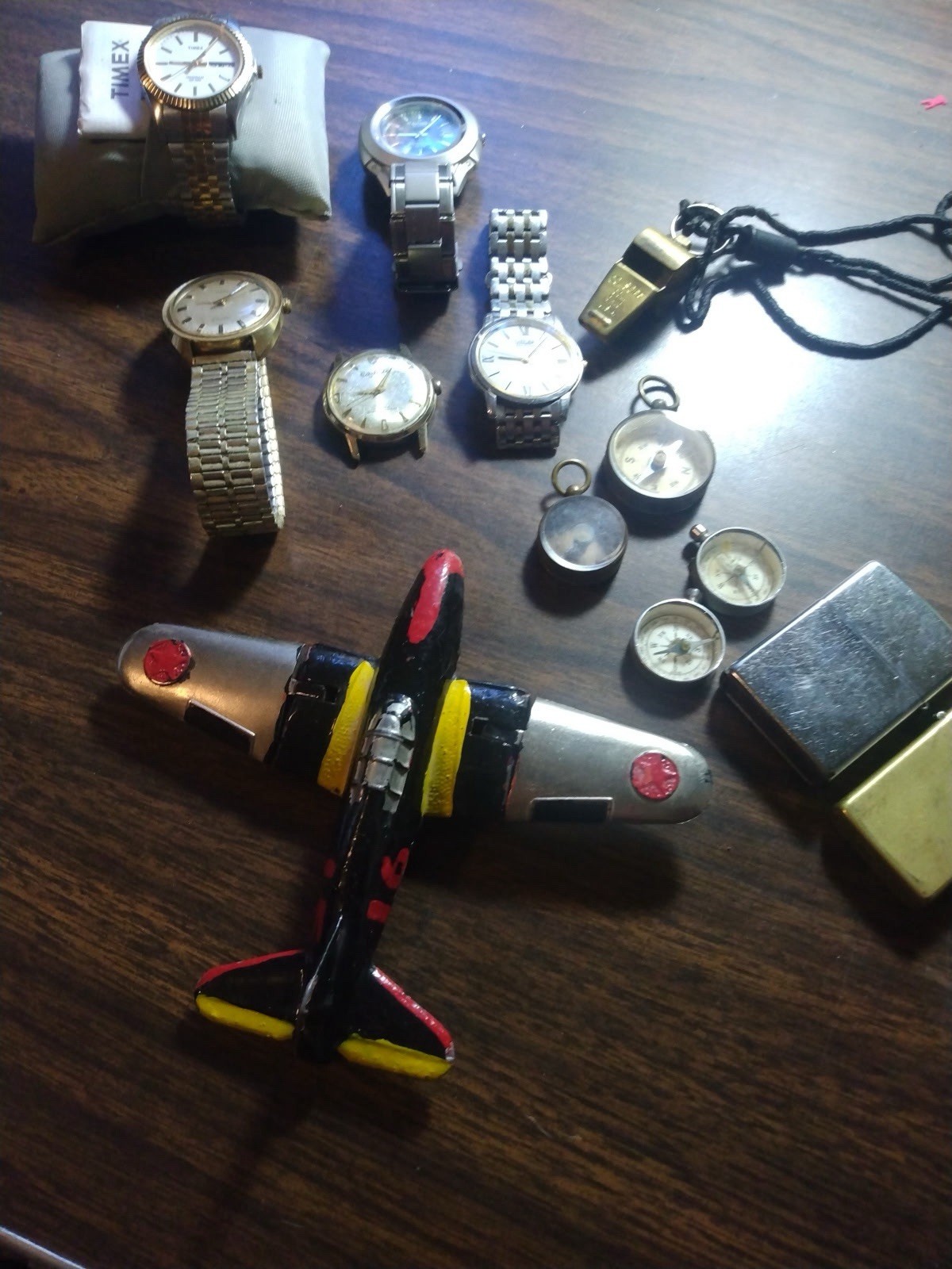 VINTAGE LARGE JUNK DRAWER LOT WATCHES, FIGURINE, COMPASSES, LIGHTERS ETC