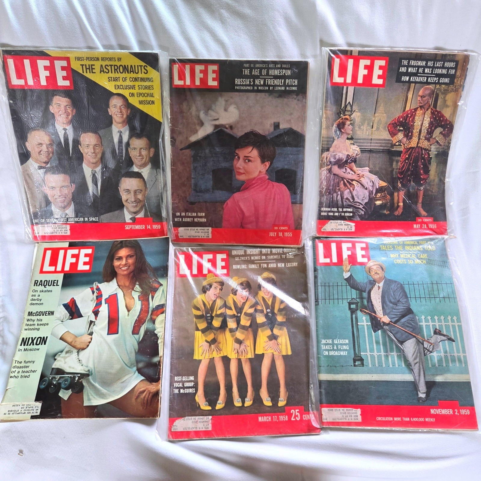 LIFE Magazine Lot 6 Vintage Audrey Hepburn Astronauts Raquel Welch 1950s 1970s