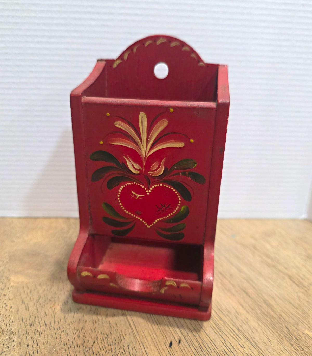 Vintage hand-painted wooden folk art matchstick holder