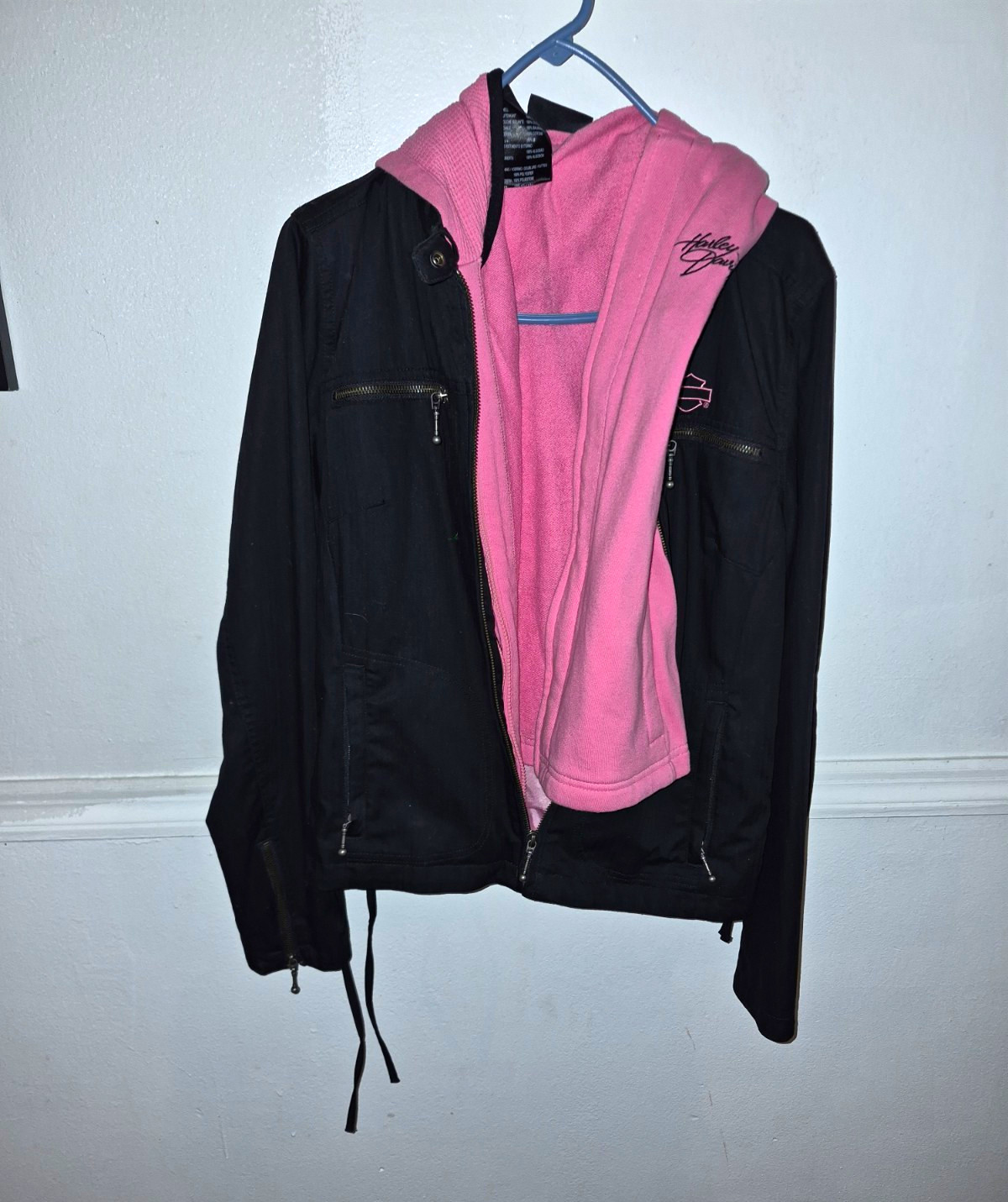 Harley-Davidson Black Jacket Pink Hood Full Zip Back Script Logo 2- piece set