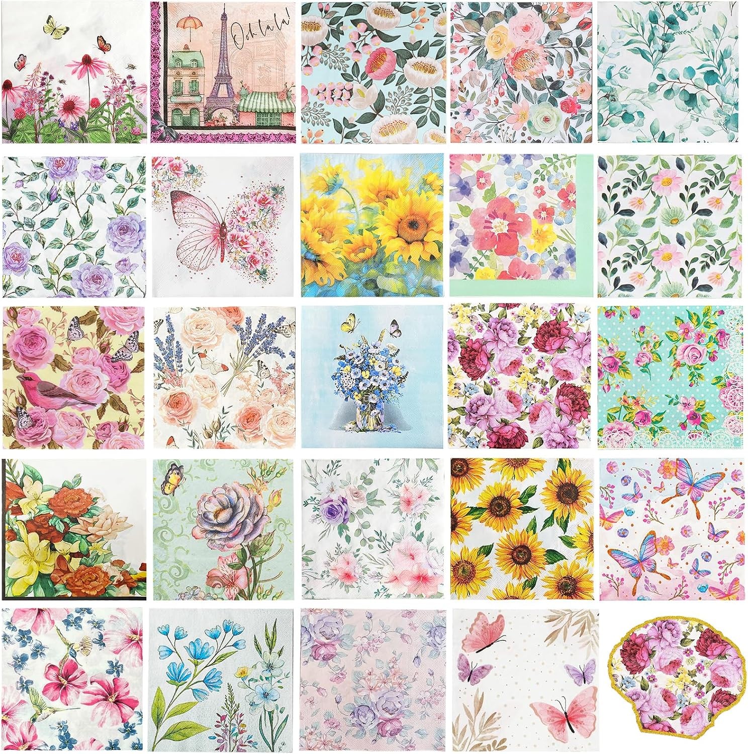 24 Styles Vintage Floral Napkins for Crafting, 24 Pack Decoupage Napkins