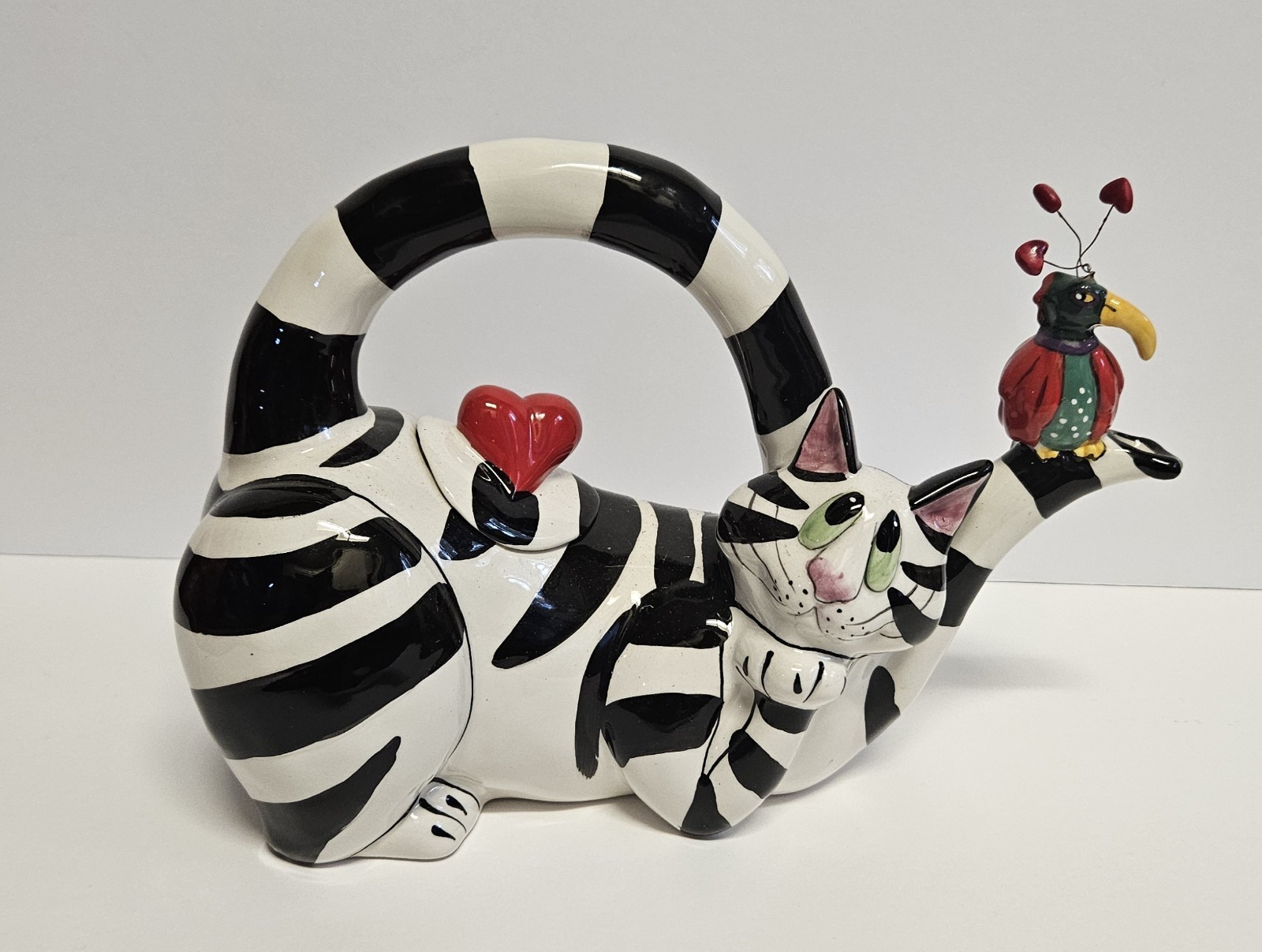 Blue Sky SWAK Lynda Corneille Clancy Cat Teapot Zebra Stripe bird signed 