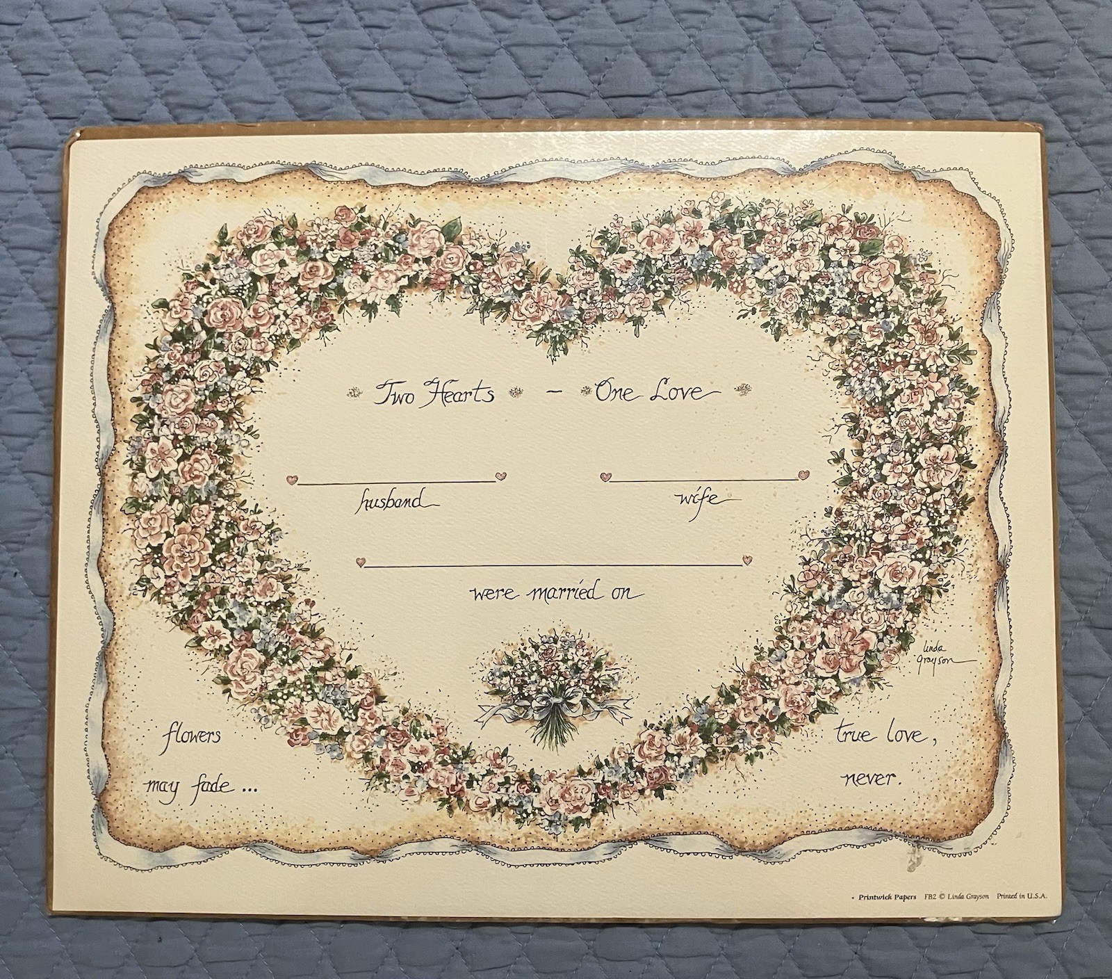 VINTAGE Marriage Certificate Blank Linda Grayson Folk Art Print 11x14 Two Hearts
