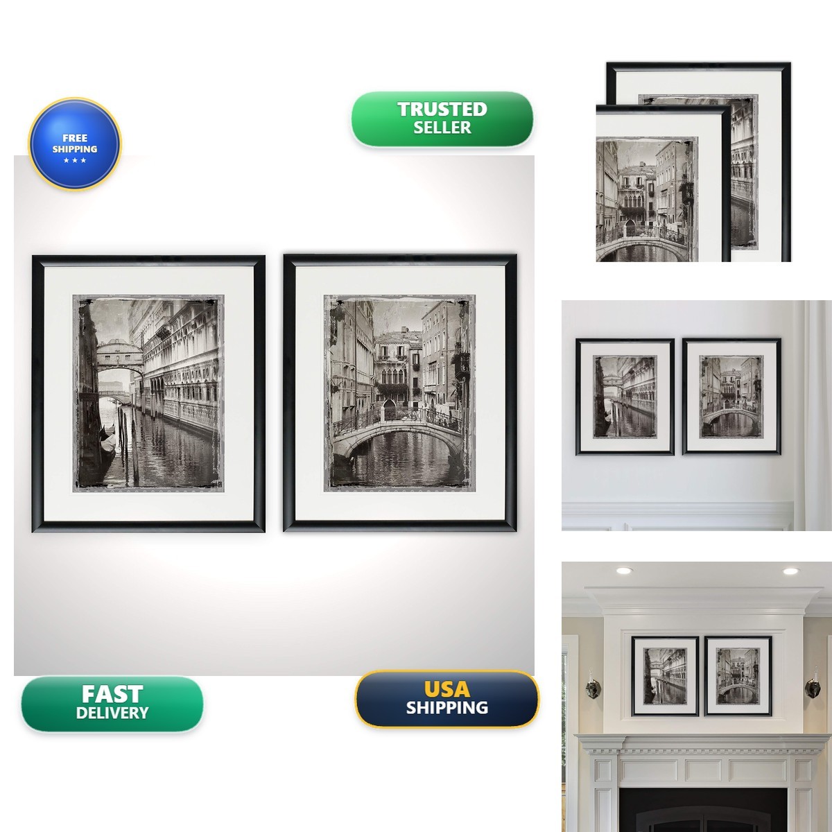 Renditions Gallery FSS-15473-15474 Venice Romance 2 Set Cityscape Art Black