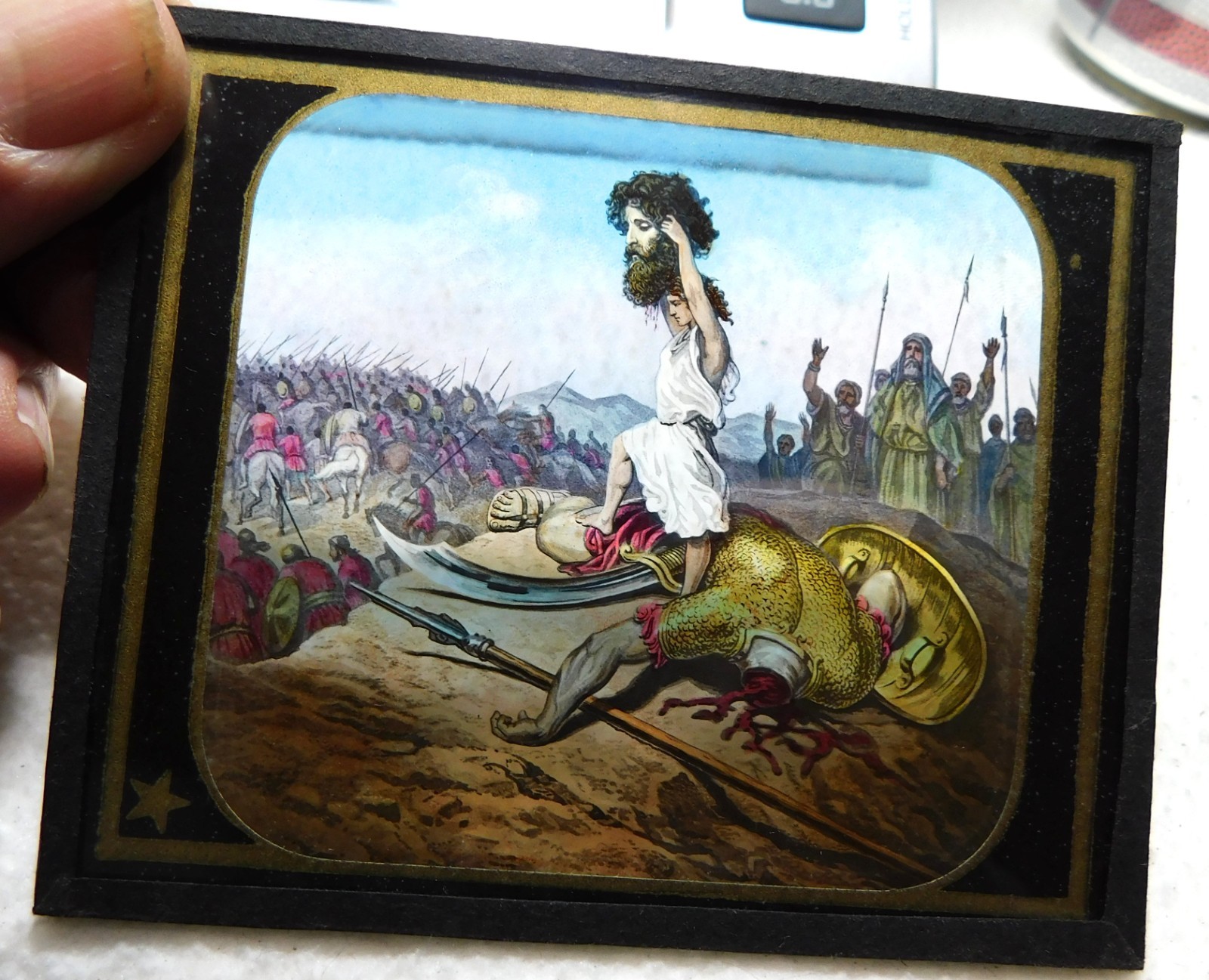 Antique Odd Fellows Glass Magic Lantern Slide/ David with Goliath\'s Head/ Nice