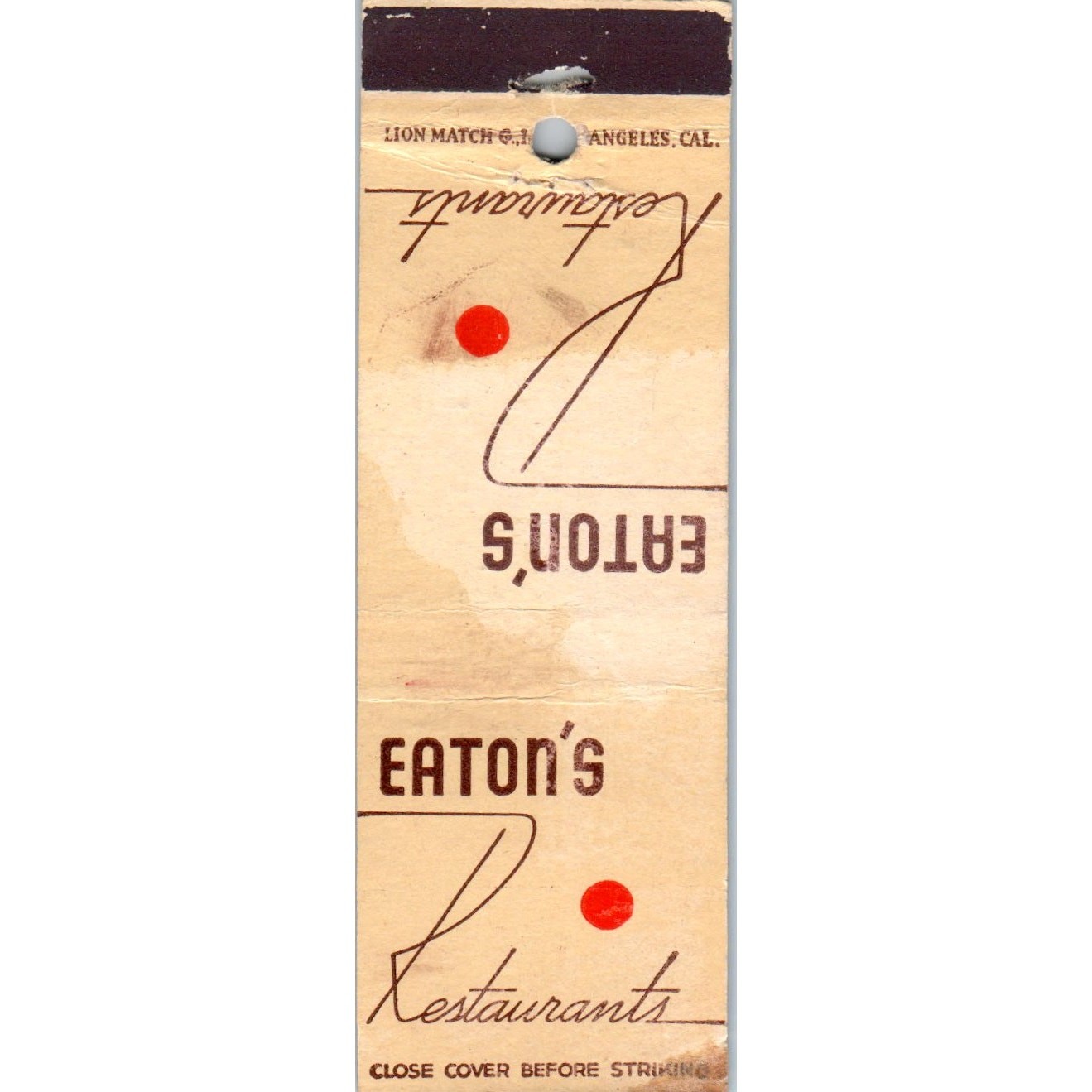 Eaton\'s Restaurant Los Angeles California Advertising Matchbook Cover MM9-1
