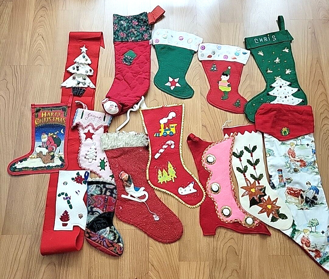 Lot Vtg Felt Christmas Stockings 14 Sequin Bell Glitter Boot AnnaLee Sari Fabric