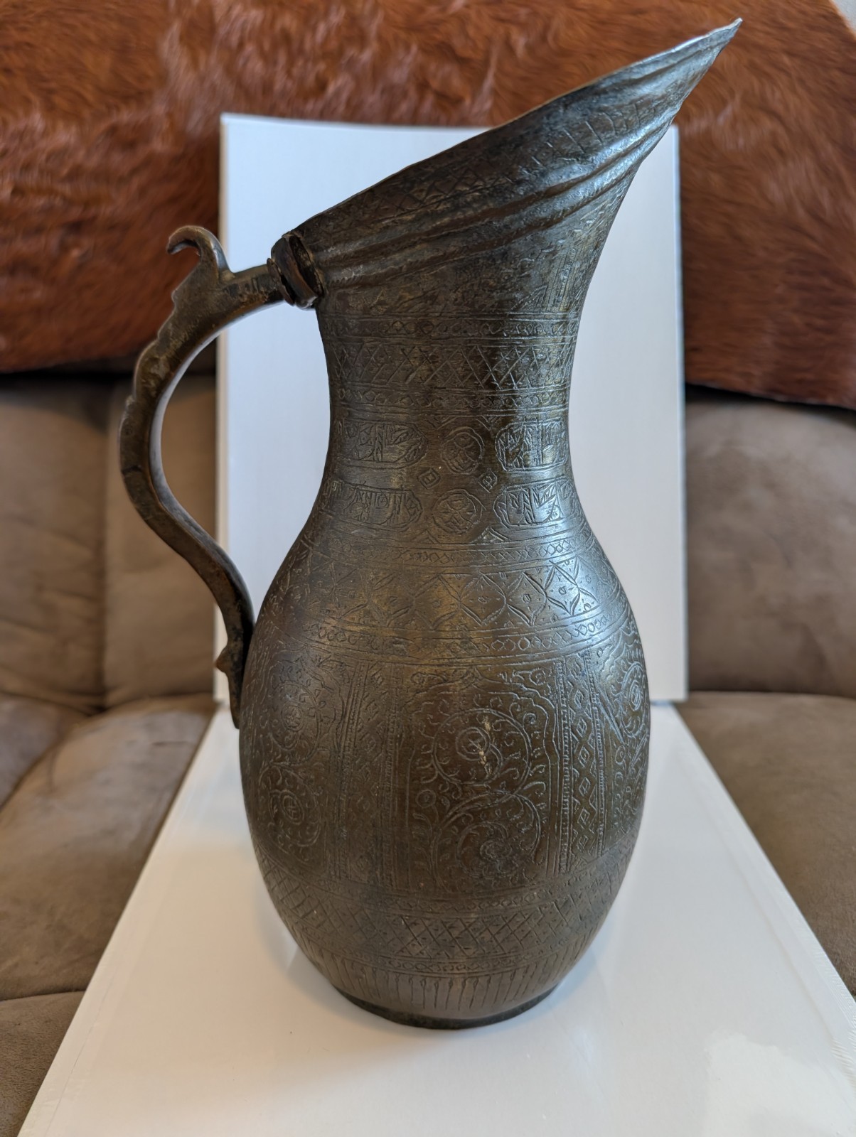 Antique Indo Persian Engraved Copper Ewer Pitcher Jug 12” Heavy 50oz