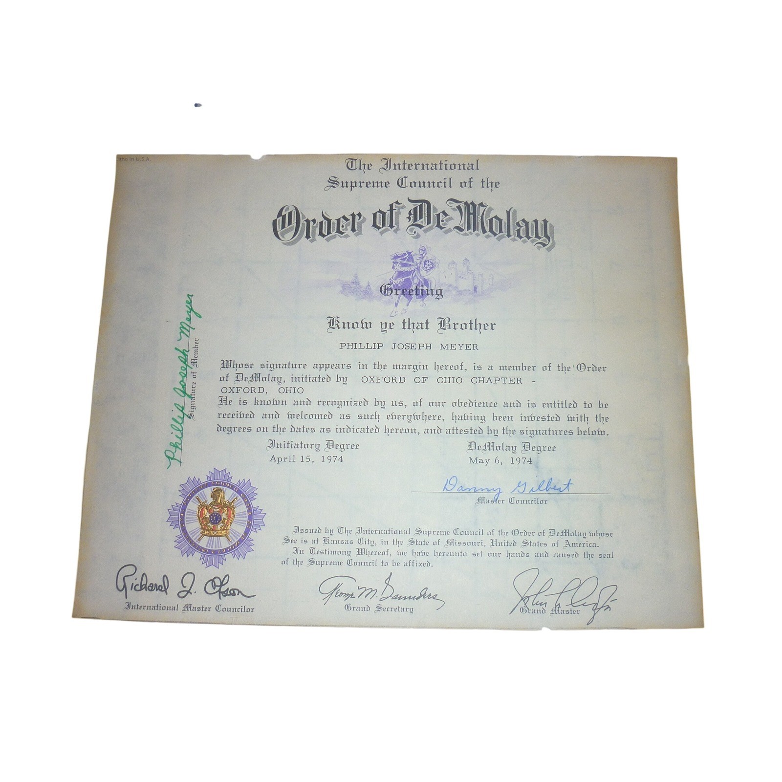 1974 Order of DeMolay Masonic Certificate Oxford Ohio Phillip Meyer Ephemera