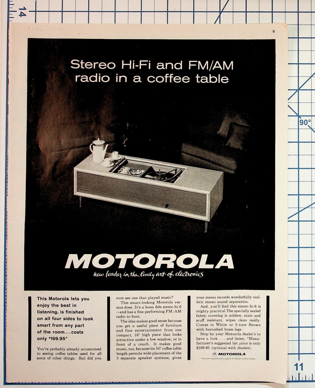 Vintage 1960s Motorola Coffee Table Stereo Hi-Fi FM AM Radio Ad Print Ephemera