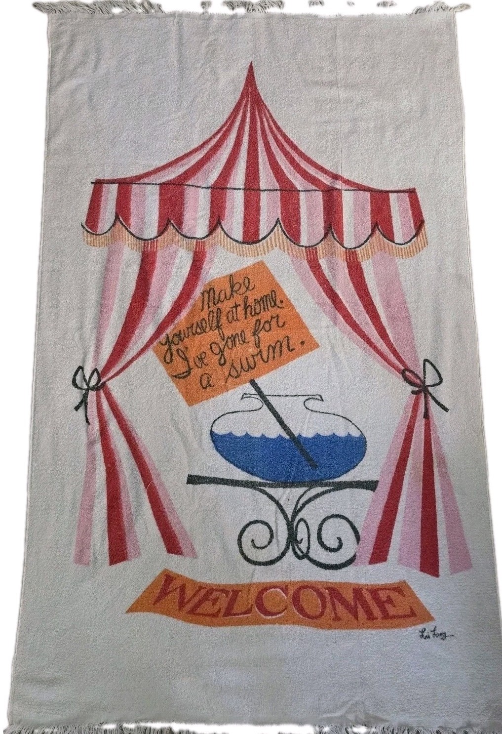 Rare Vintage 60s Lois Long Signed Beach Towel Cabana Novelty MCM Terry Cloth