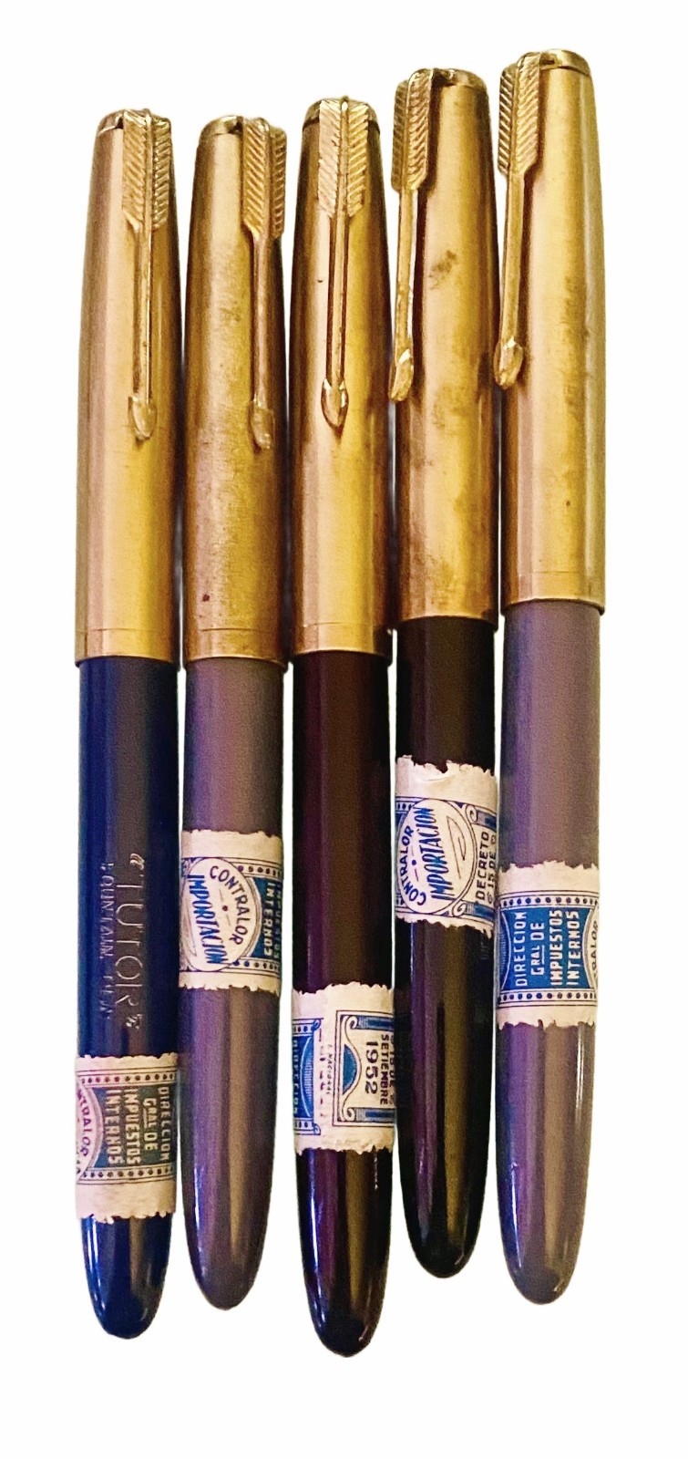 FIVE VINTAGE TUTOR FOUNTAIN PENS ARGENTINA, NOS NEW OLD STOCK, TAX REVENUE SEAL