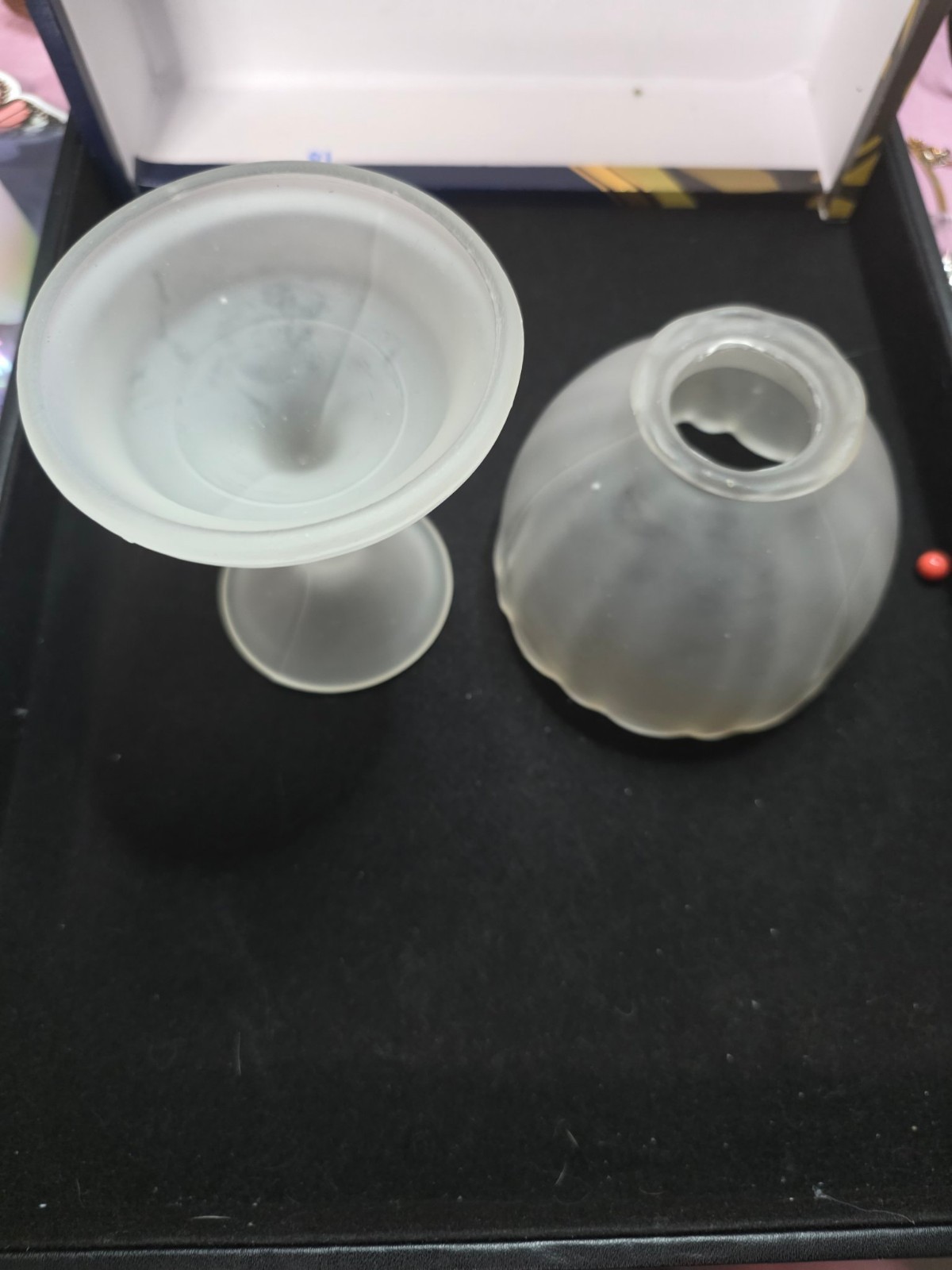 Vintage Frosted White Satin Fairy Lamp 2-Piece Candle Holder Scalloped MCM