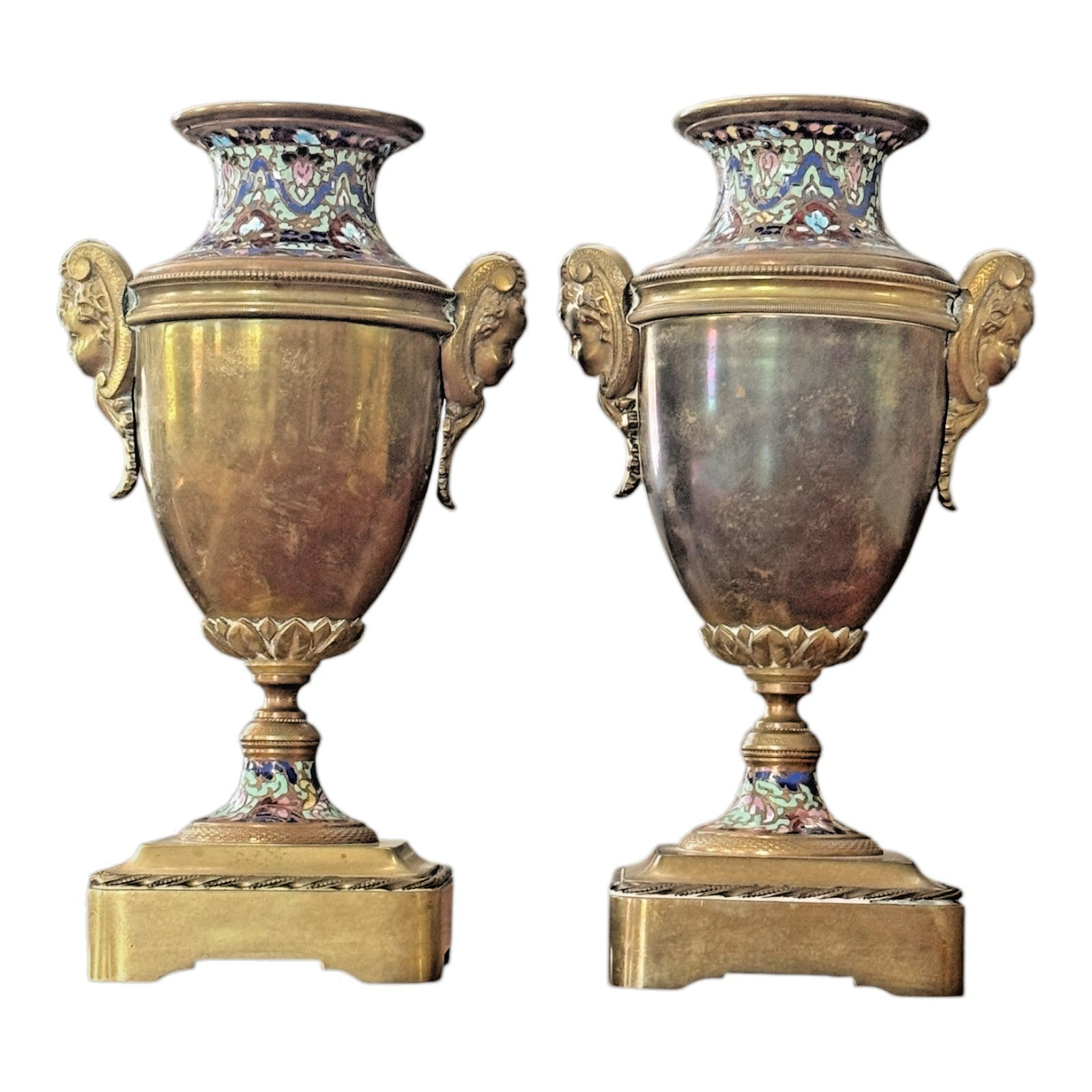 Antique Pair of Neoclassical Bronze & Cloisonné Mantel Urns or Vases