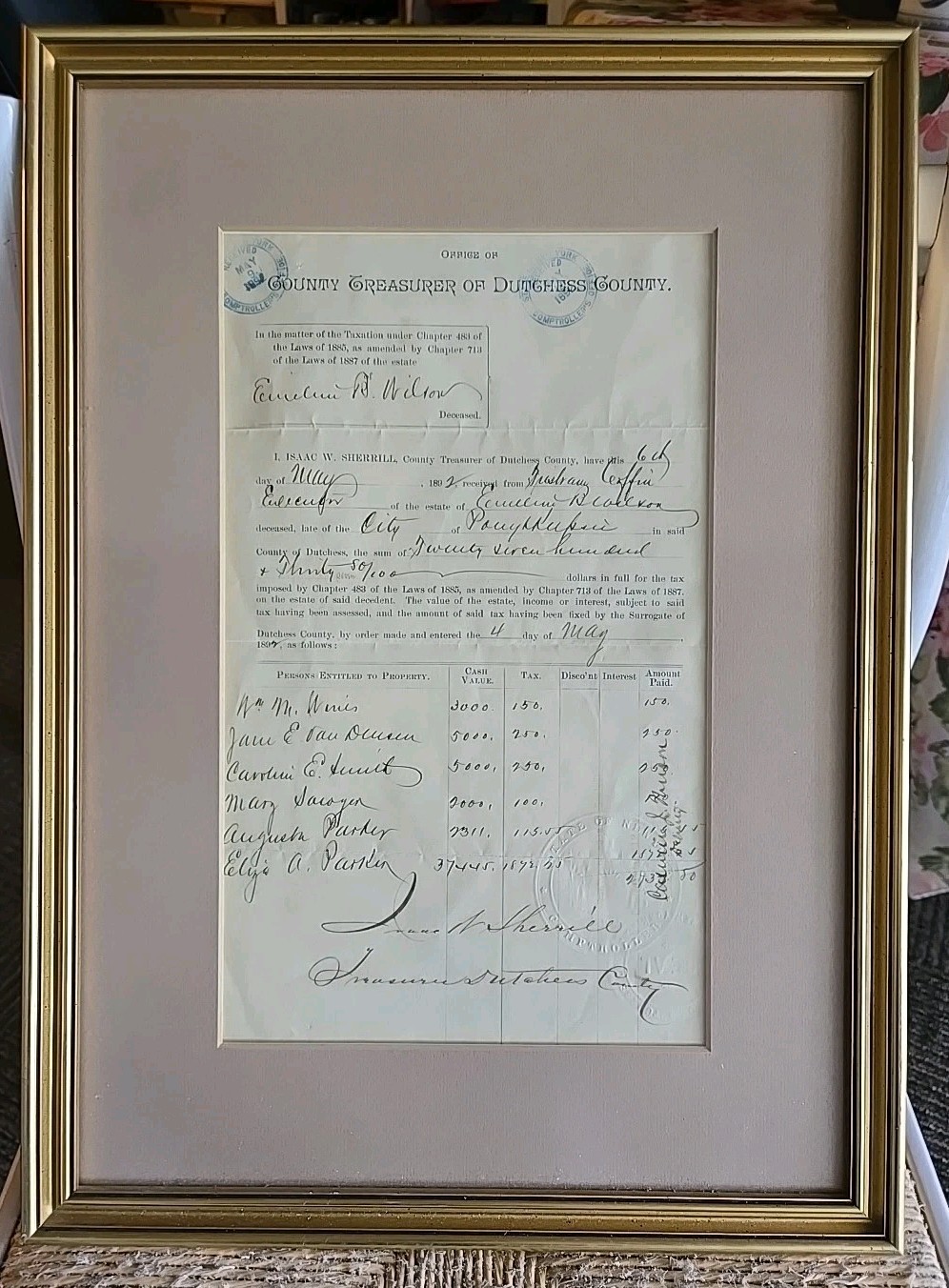 Antique 1892 Framed Estate Tax Document Dutchess County NY I. Sherrill & Coffin