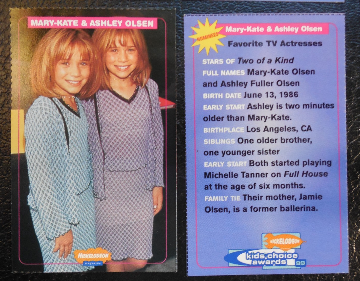 1999 Nickelodeon insert card Kid's Choice awards Mary-Kate Ashley Olsen