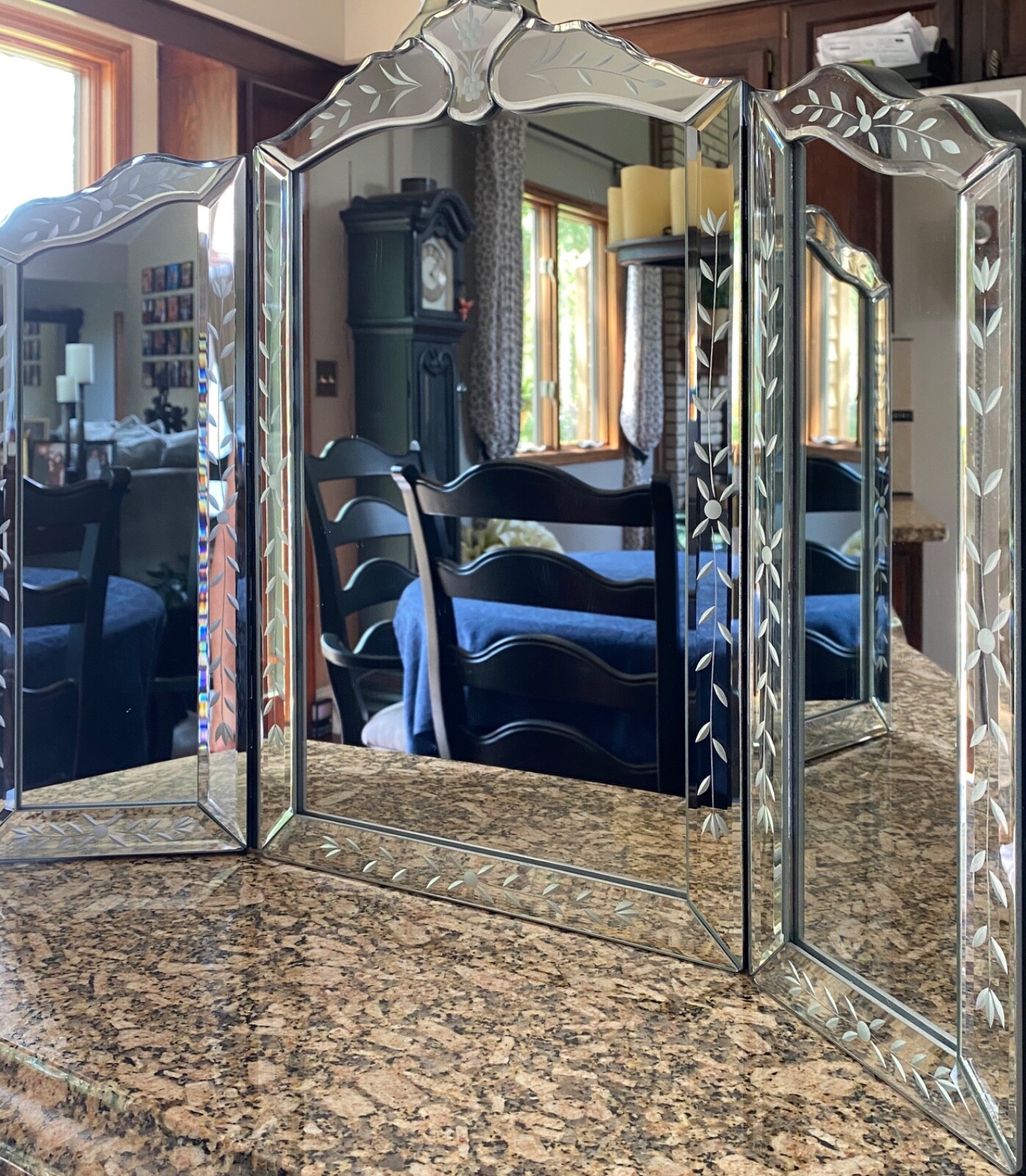 Ornate Victorian VENETIAN Mirror Trifold Etched Wall Table Beveled VANITY Makeup