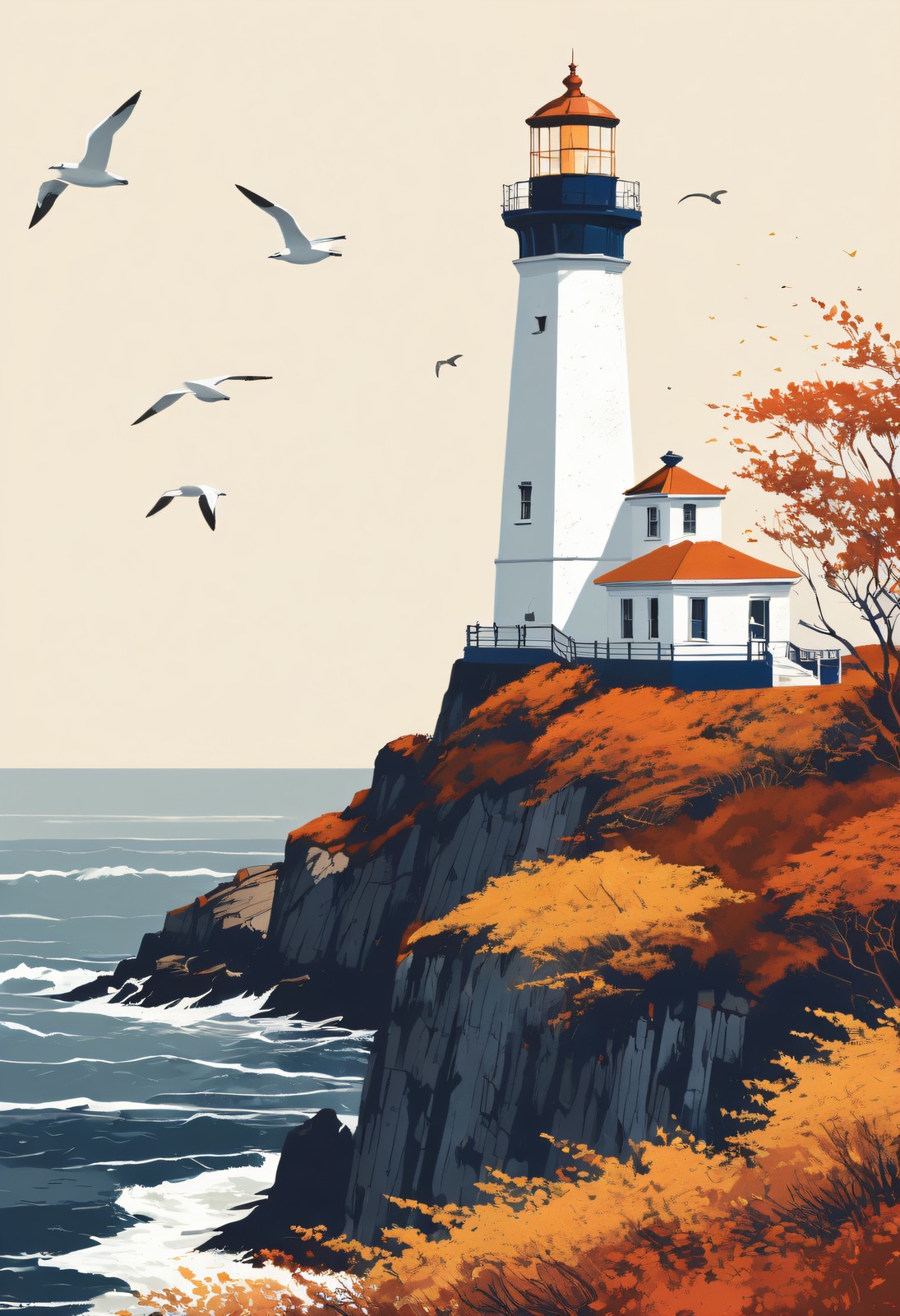 Autumn Cliffs and Lighthouse - Vintage Seaside Travel Poster