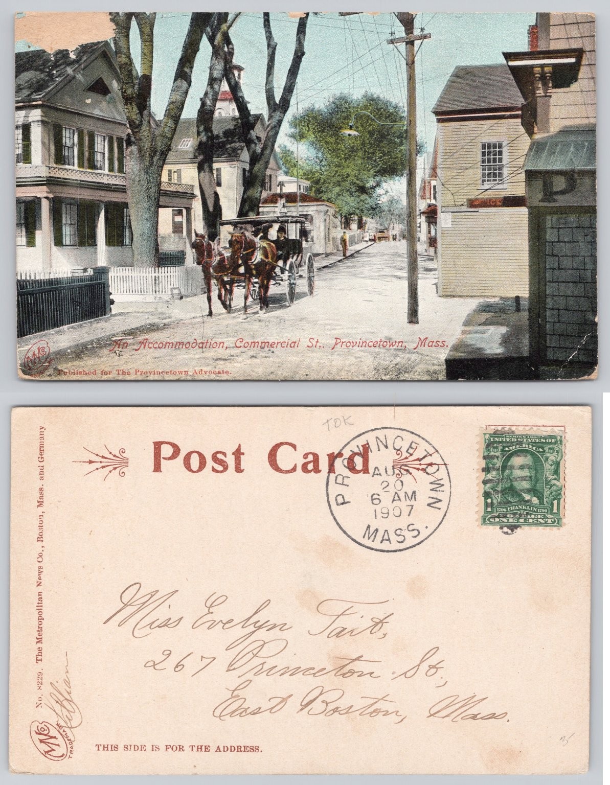 1907 Provincetown MA Commercial St Horse Carriage Postcard Metropolitan News
