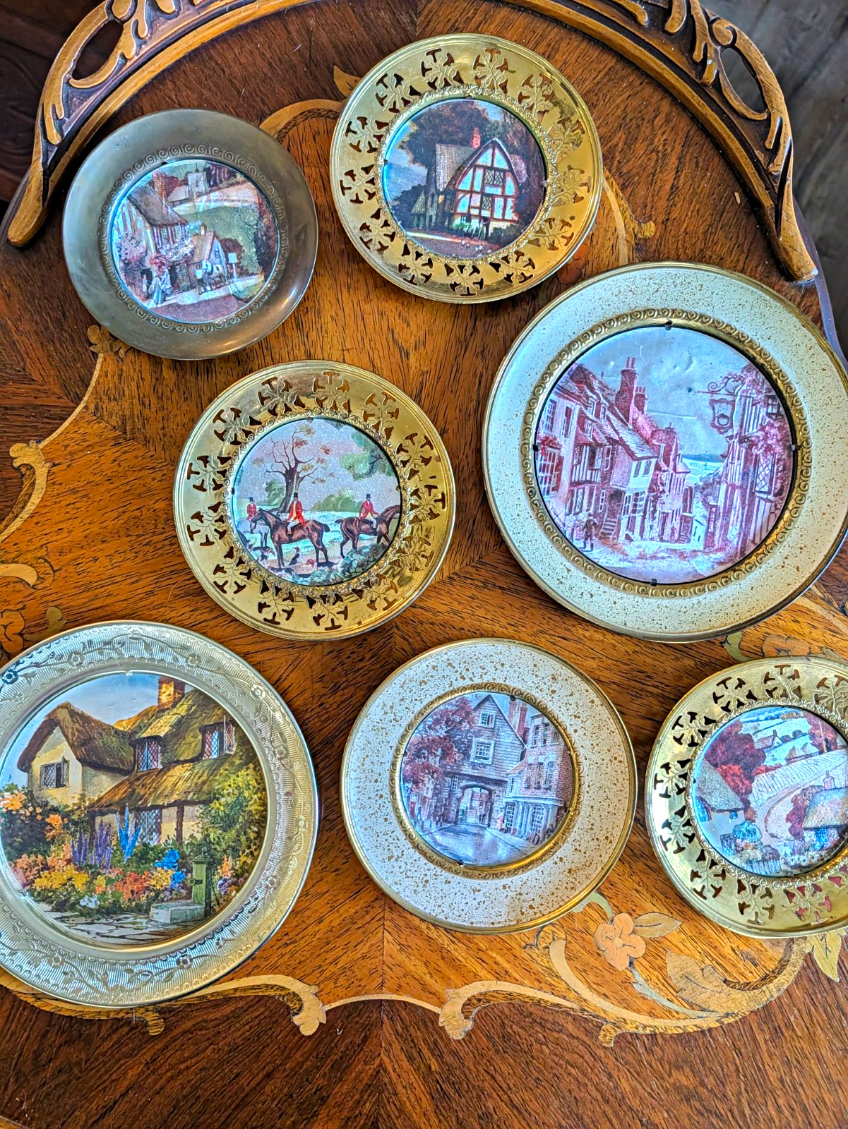 Vintage English Solid Brass Foil Art Wall Plates Plaques Set of 7 Peerage Hunt