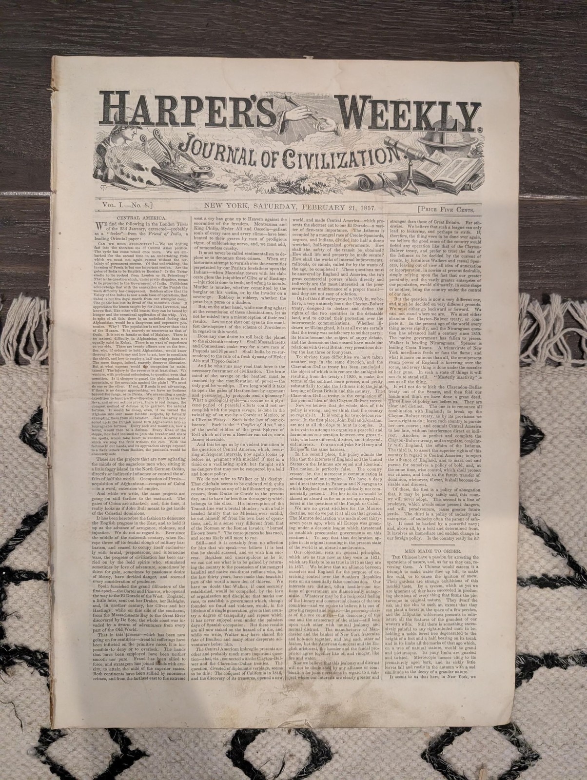 Feb 21 1857 Harpers Weekly, Peru Revolution, General Vivanco, Cuzco, Manco Capac
