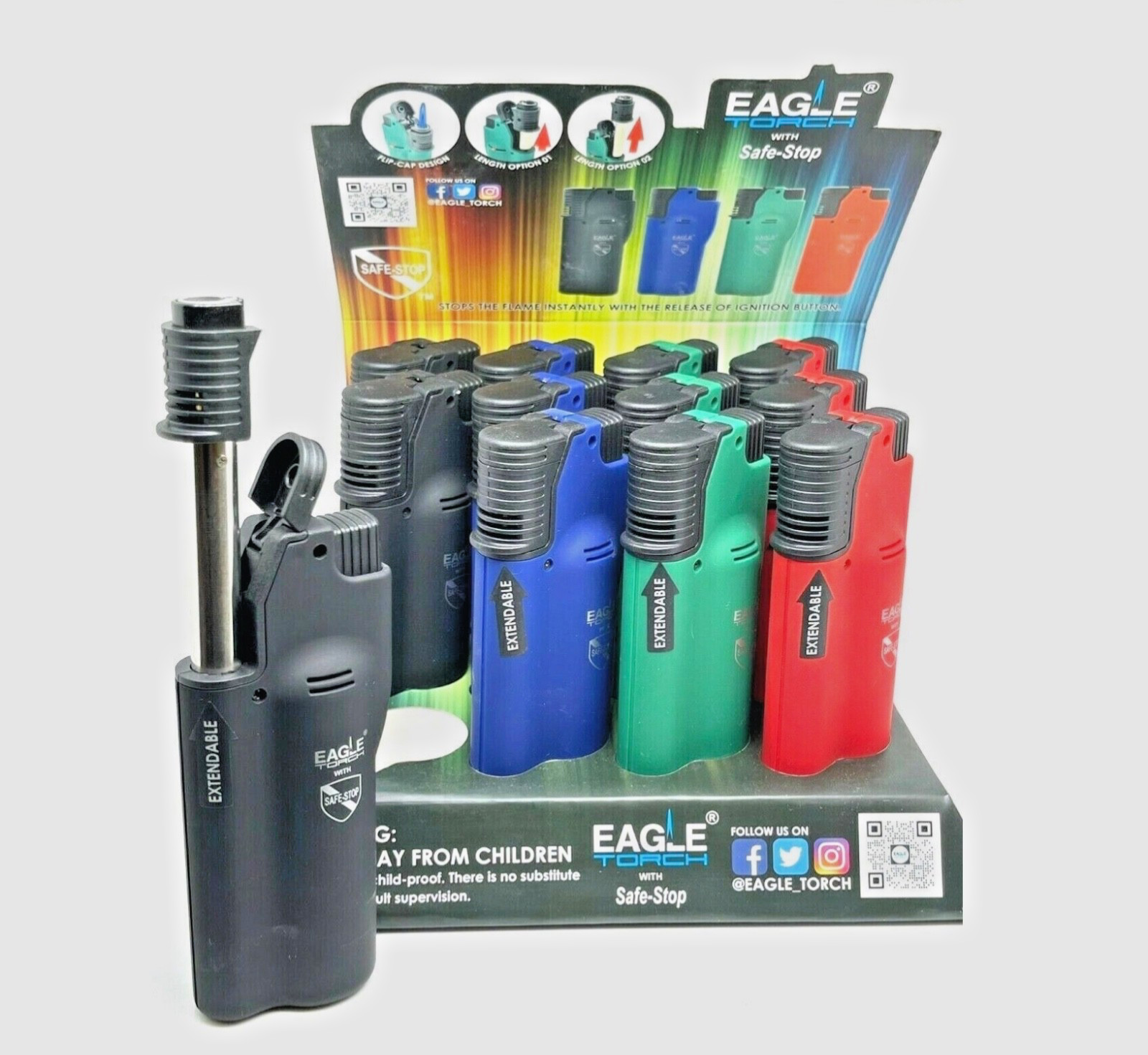 EAGLE TORCH EXTENDABLE TORCH LIGHTER- 4 PACK ASSORTED COLORS ($9.99 a unit)