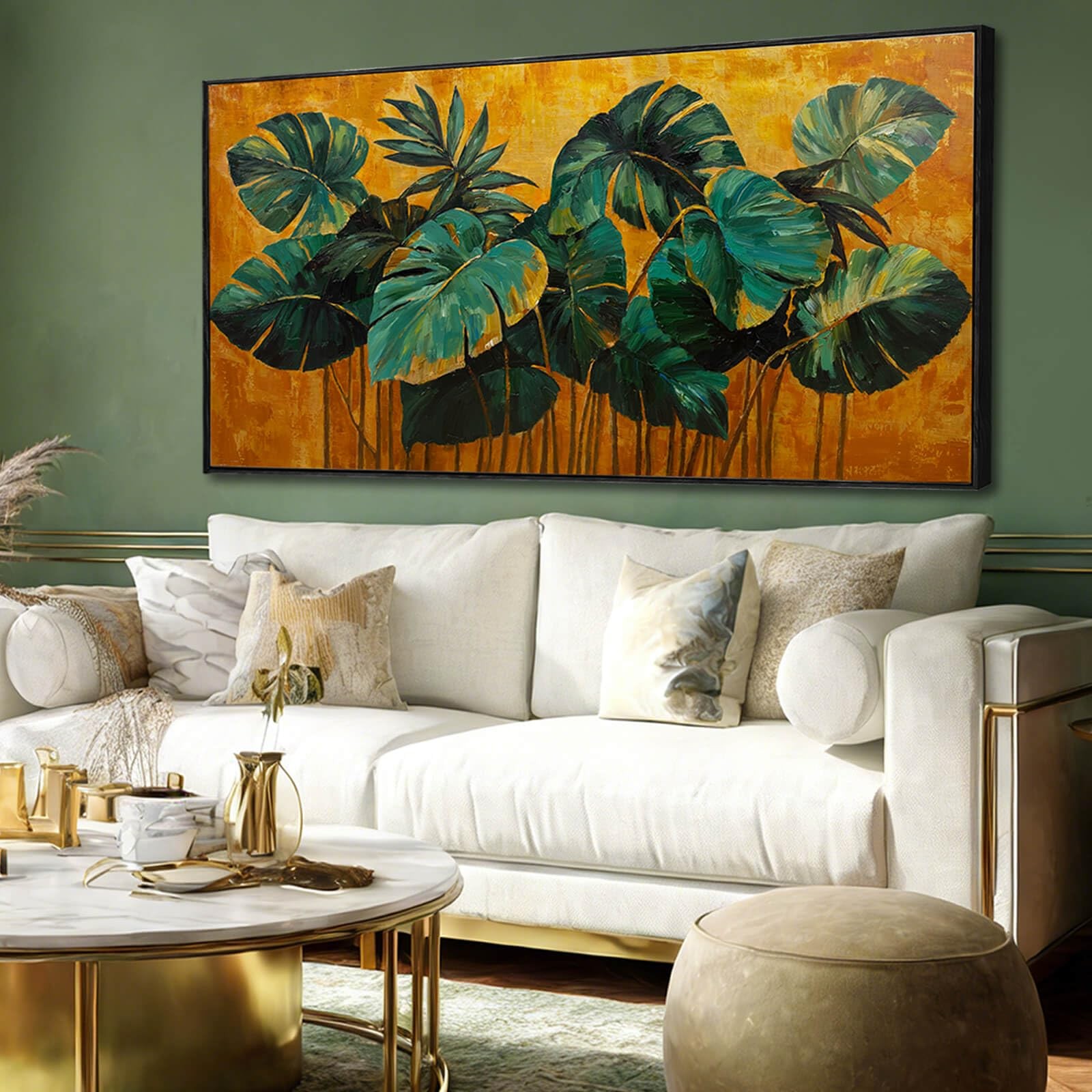 SOUGUAN Canvas Print Wall Art Green Gold Tropical Palm Leaves 24\