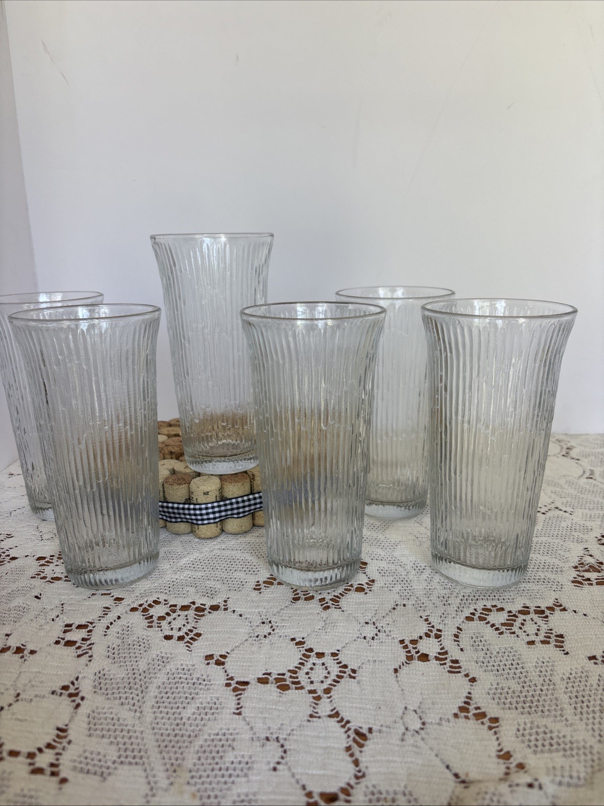 Vtg Jeannette Glass Finlandia Tree Bark Clear Ice Flared Top Tumblers Set of 6