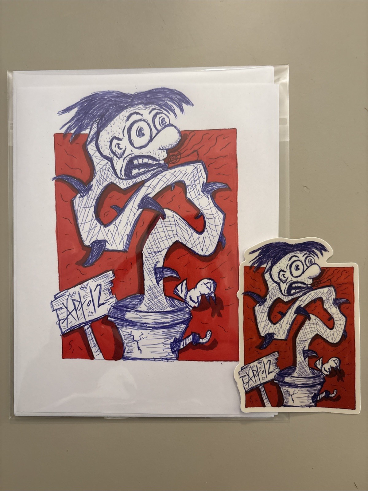 6x8 Original Art W/Ball Point Pen & Sticker - Plant Man