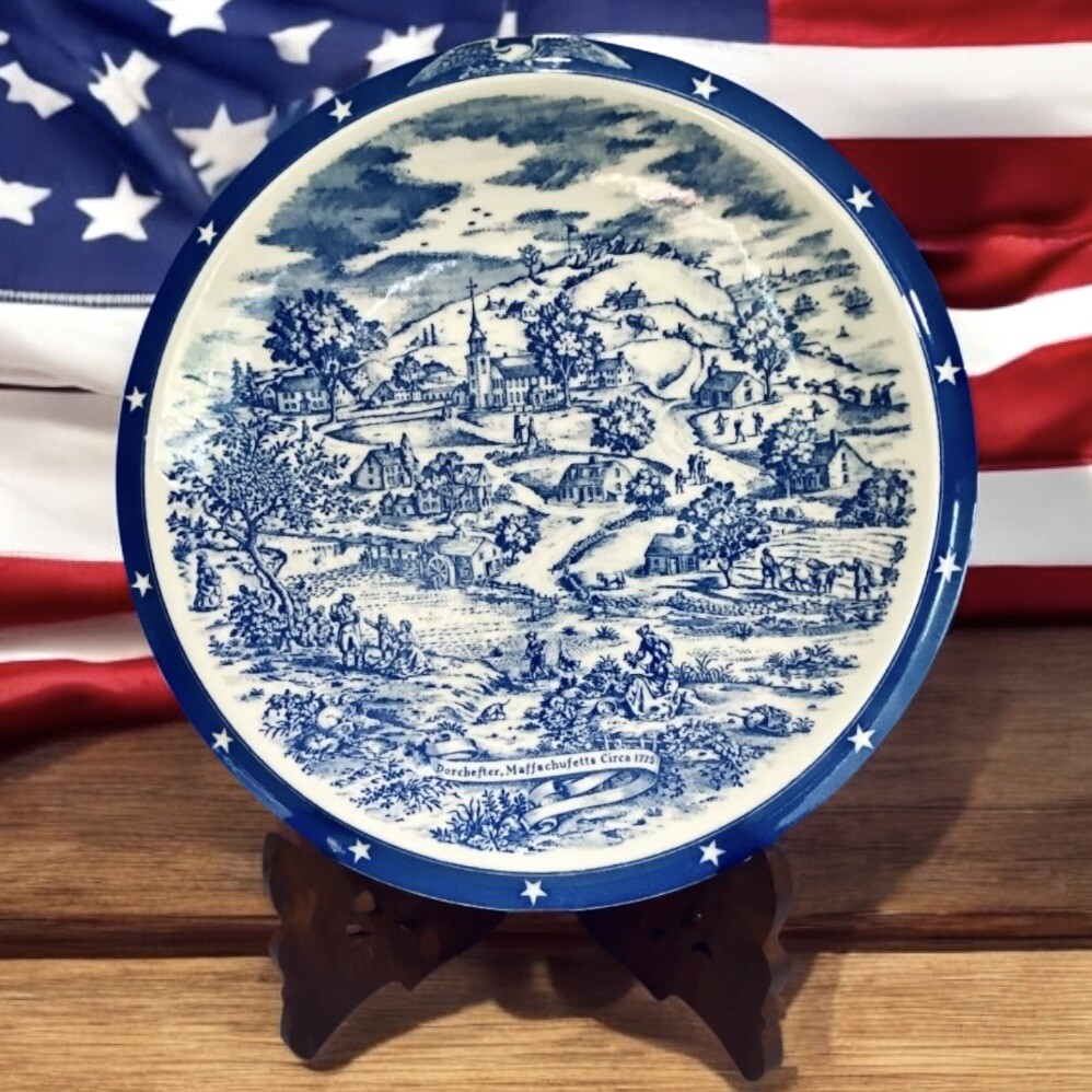 Vernon Kilns Massachusetts Map Wall Plate Blue & White VTG Ceramic 10.5\