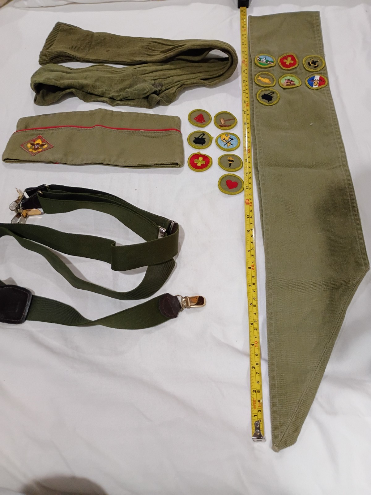 Vintage 1940s 50s BSA Boy Scout Uniform Lot Merit Badges Sash Cap Socks